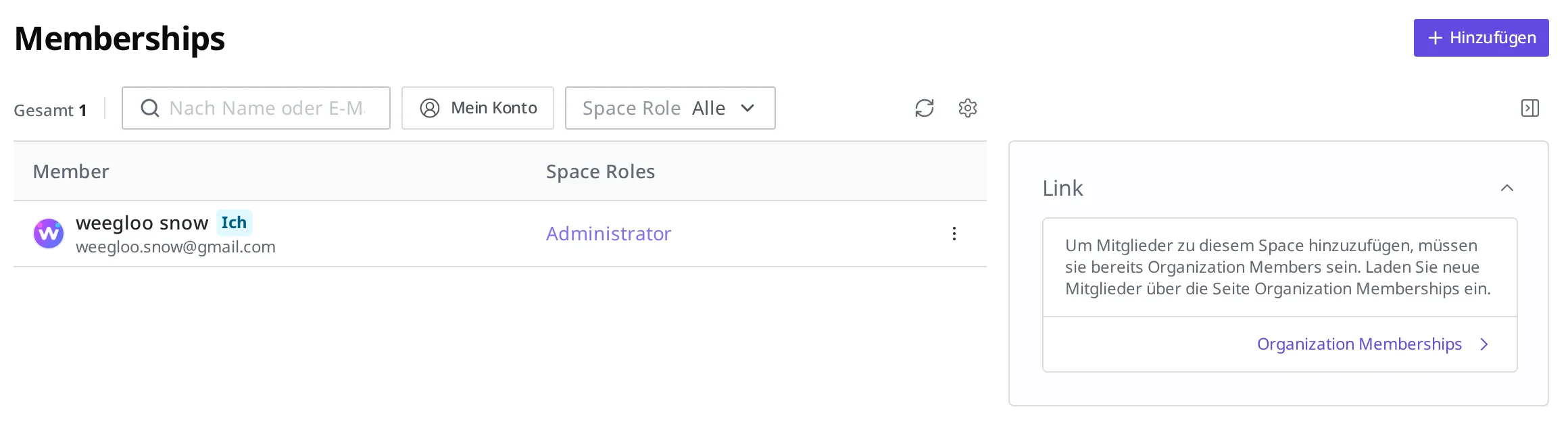 Membership-Bildschirm des Onlineshop-Space. Zu sehen sind die Liste von Member und Space Role, oben rechts die Schaltfläche zum Hinzufügen sowie der Hinweis "Zuerst muss man Organization Member sein"