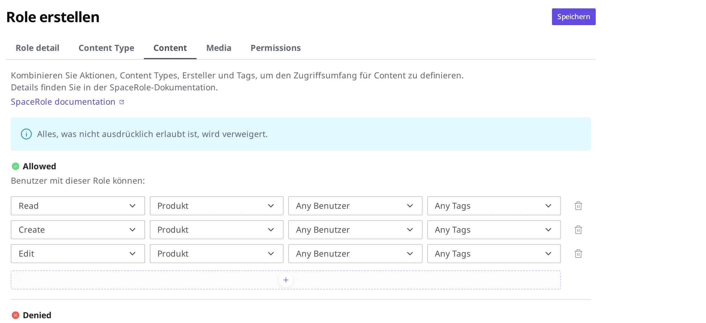 Im Tab "Content"-Berechtigung sind die drei Regeln Read, Create und Edit, eingegrenzt auf "Produkt", erlaubt