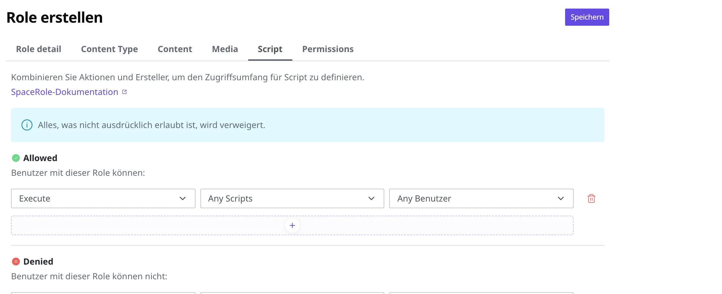 Tab für Script-Berechtigungen im Rollen-Editor. In der Liste Allowed ist eine Regel eingetragen: Aktion Execute, Geltungsbereich "Any Scripts", Ersteller "Any Benutzer"