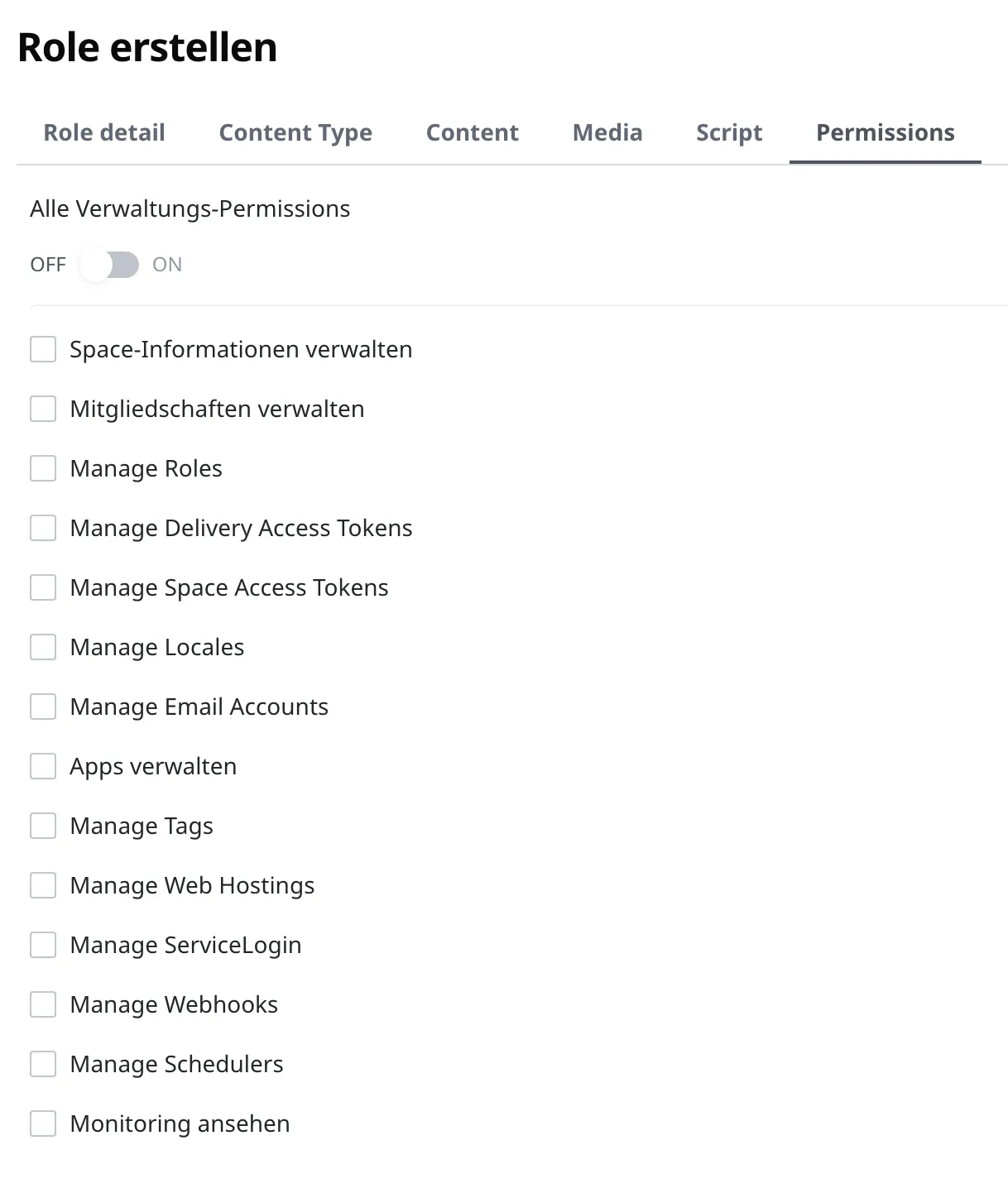 Der Tab Permissions im Bildschirm zum Anlegen einer Rolle. Der Schalter Alle Verwaltungs-Permissions oben ist aus, und alle 14 Einträge darunter sind ebenfalls aus