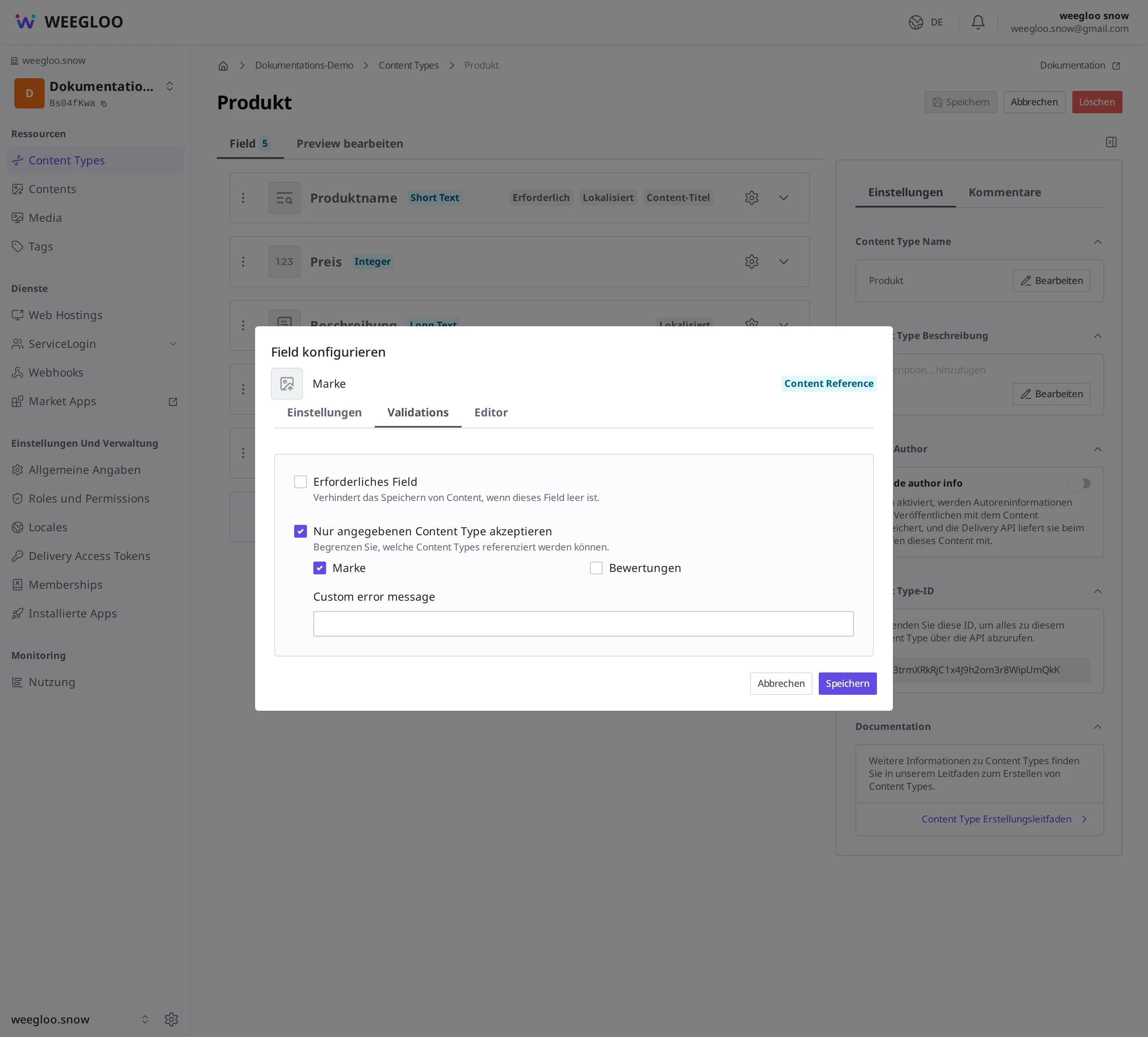 Detaileinstellungen des Markenfelds (Content Reference Field) eines Produkts. Unter der Validierung ist der Referenz-Content-Type eingeschaltet und "Marke" ausgewählt