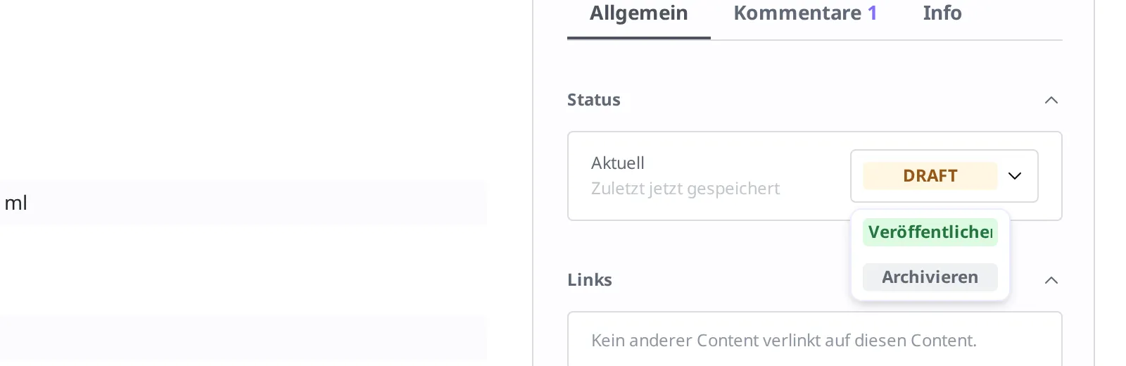 Statusfeld des Content Trinkflasche. Aktuell Draft, das Dropdown ist aufgeklappt und zeigt die Menüpunkte Publish und Archive