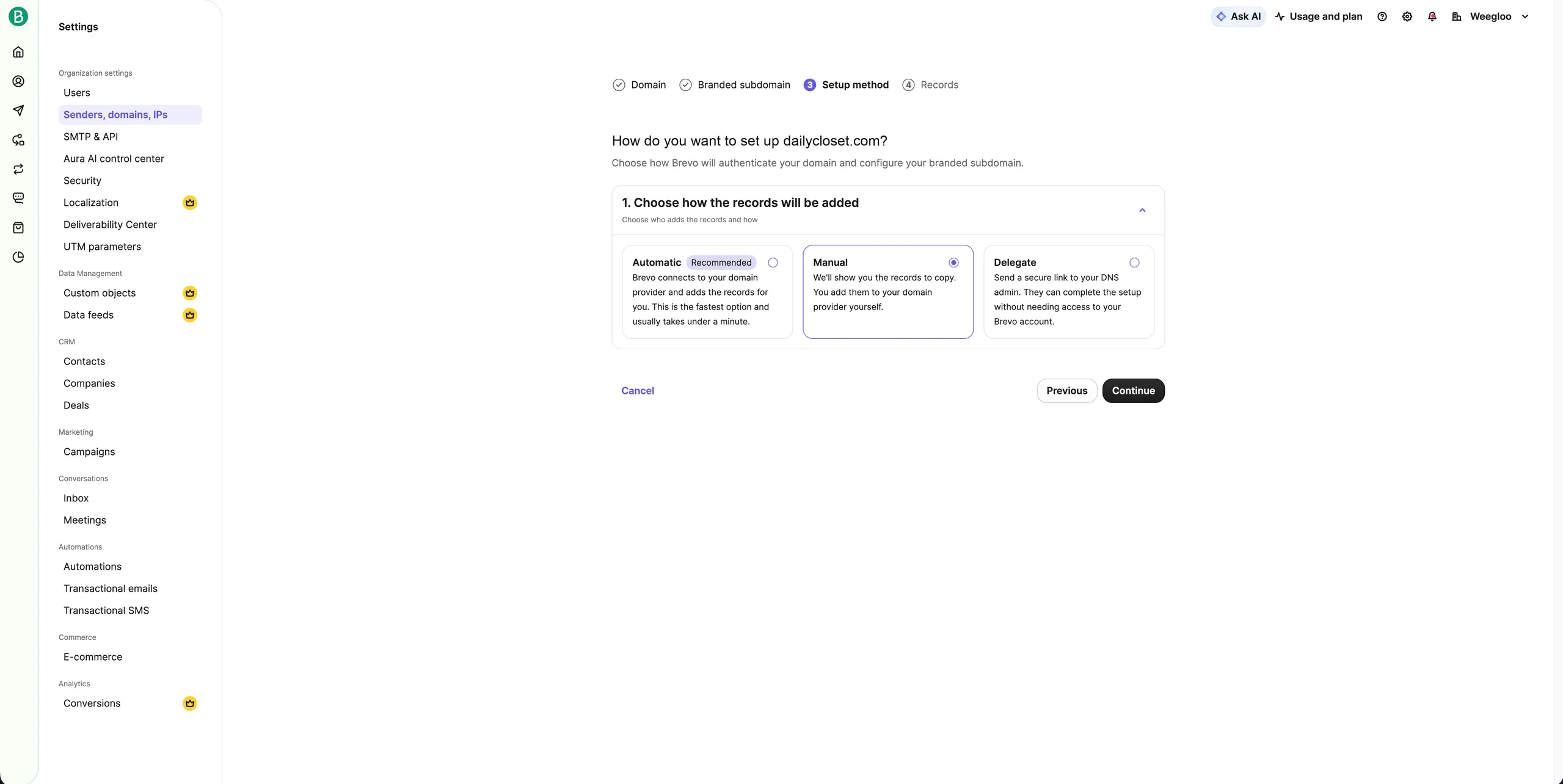 Der Bildschirm zur Auswahl der Eintragsmethode. Die drei Optionen Automatic, Manual und Delegate stehen nebeneinander, bei Automatic ist der Hinweis Recommended zu sehen