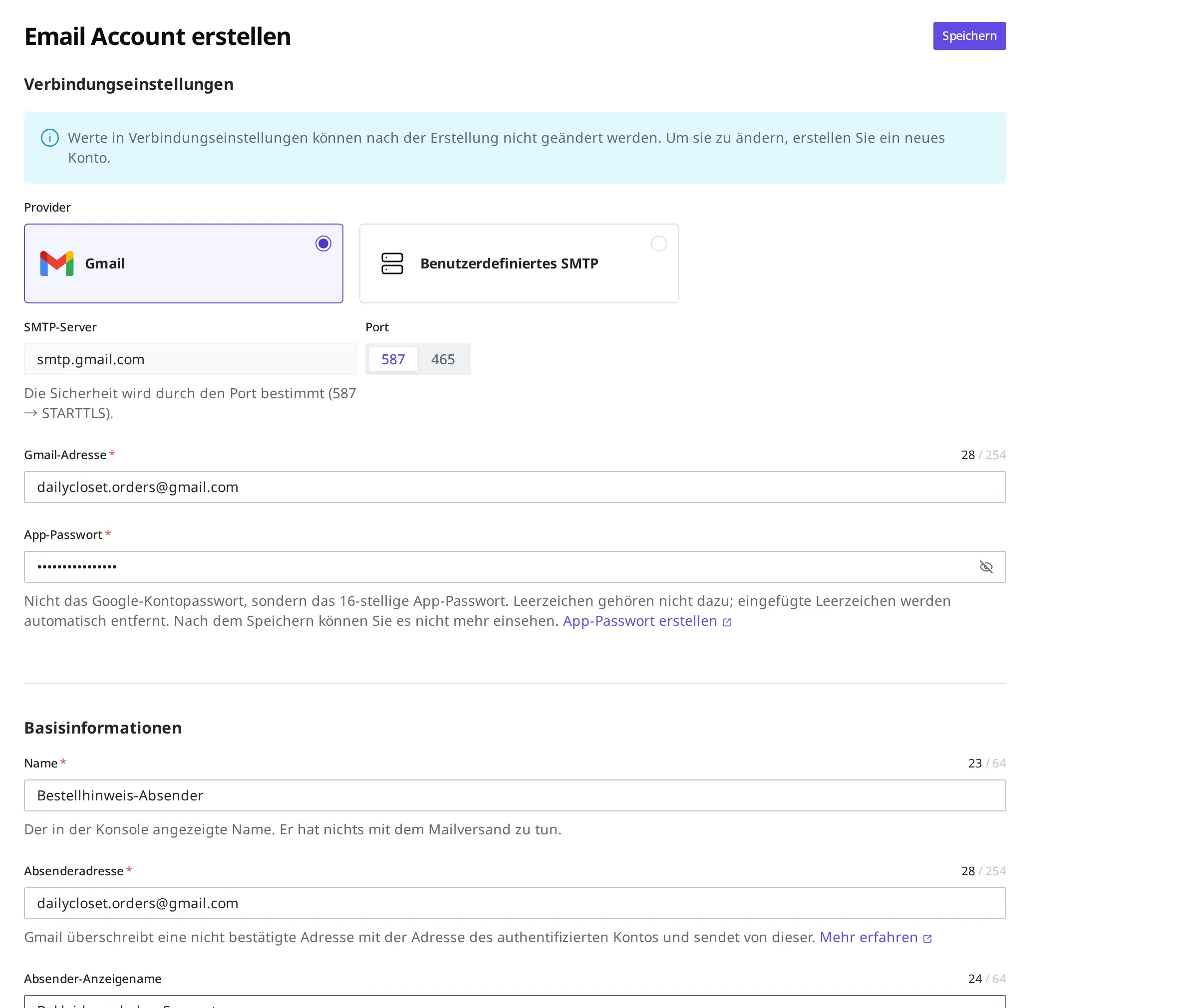 Die Ansicht zum Erstellen eines Email Account. Als Provider ist Gmail gewählt, SMTP-Server und Port sind automatisch ausgefüllt, und Gmail-Adresse, App-Passwort, Name, Absenderadresse sowie Absender-Anzeigename sind eingetragen