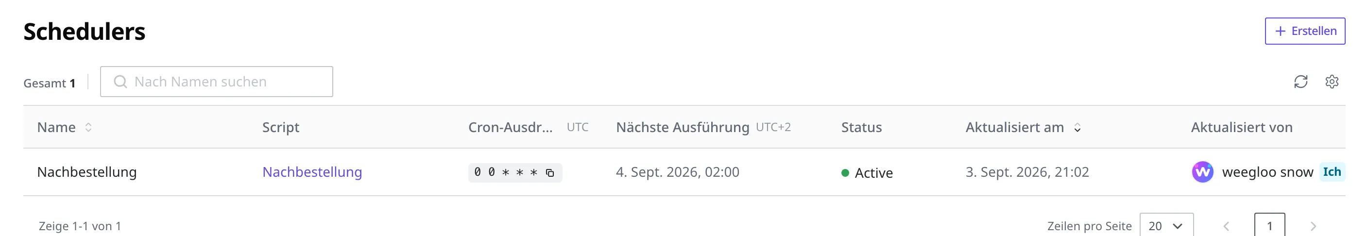 Scheduler-Listenbildschirm. „Nachbestellung" ist in einer Zeile mit Name, Script, cron-Ausdruck, Nächste Ausführung und Status Active zu sehen. Über der cron-Spalte steht UTC, über der Spalte Nächste Ausführung steht UTC±N