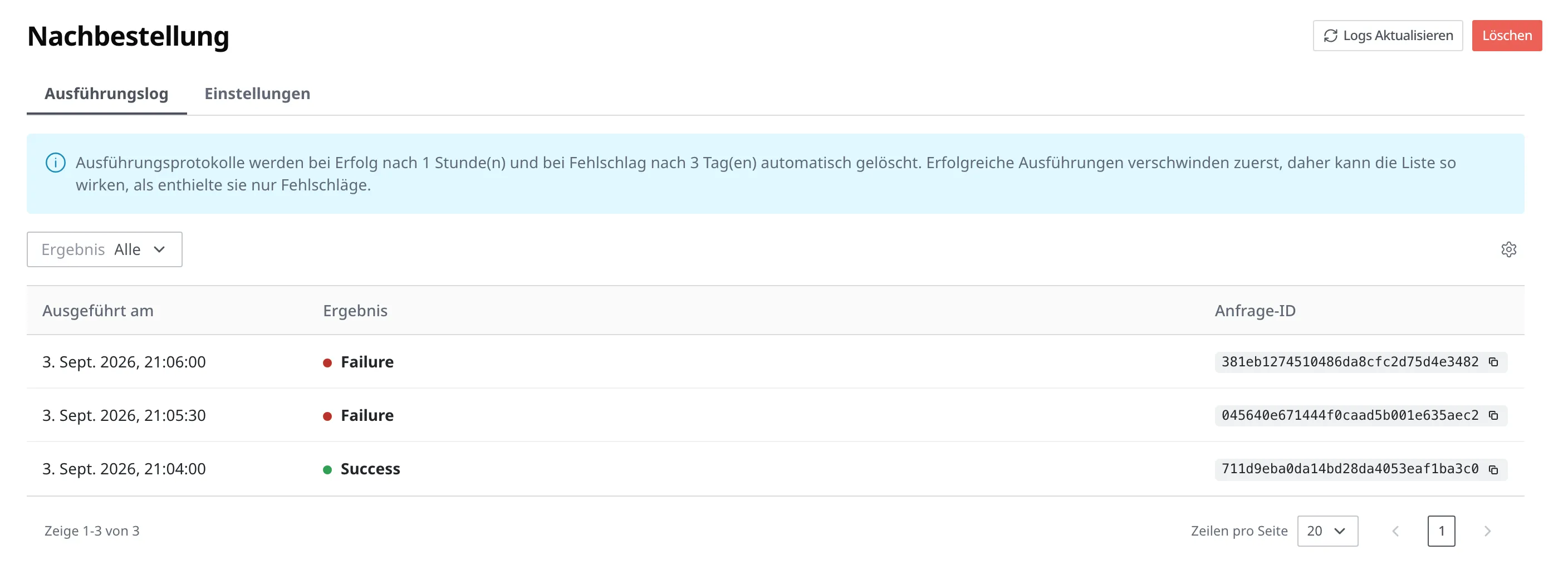 Tab Ausführungslog im Scheduler-Detailbildschirm. Drei Läufe von „Nachbestellung" (2 Fehlschläge, 1 Erfolg) sind in den Spalten Ausgeführt am, Ergebnis und Anfrage-ID zu sehen