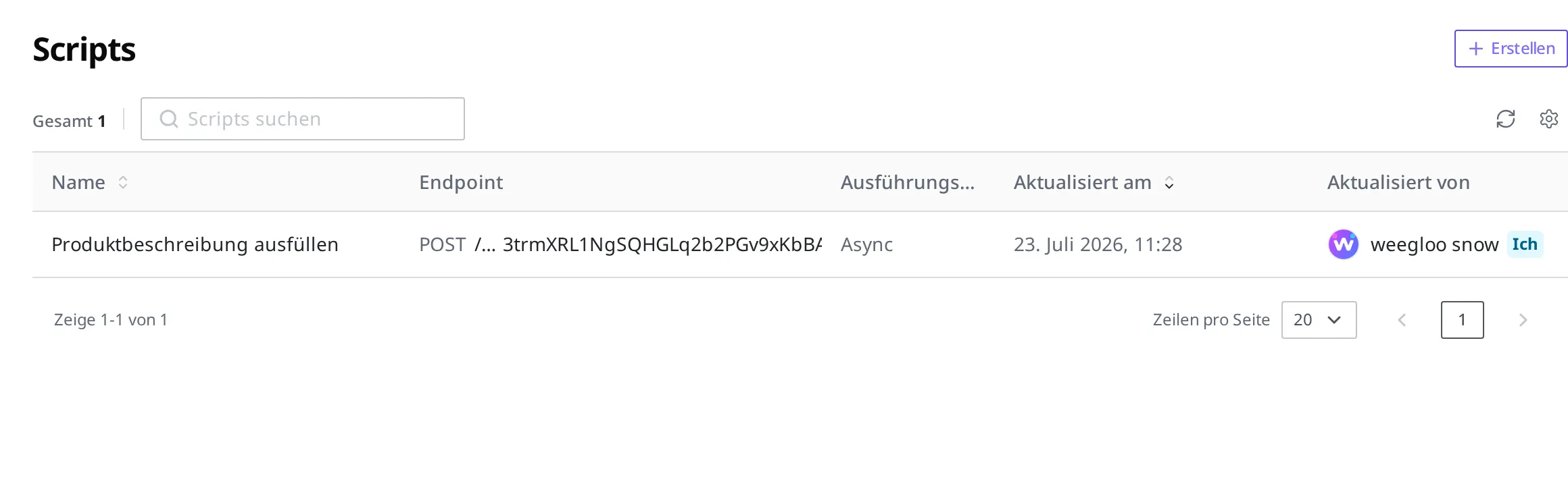 Script-Listenbildschirm. Das Script „Produktbeschreibung ausfüllen" wird mit HTTP-Methode POST und Ausführungsmodus Async in einer Zeile angezeigt