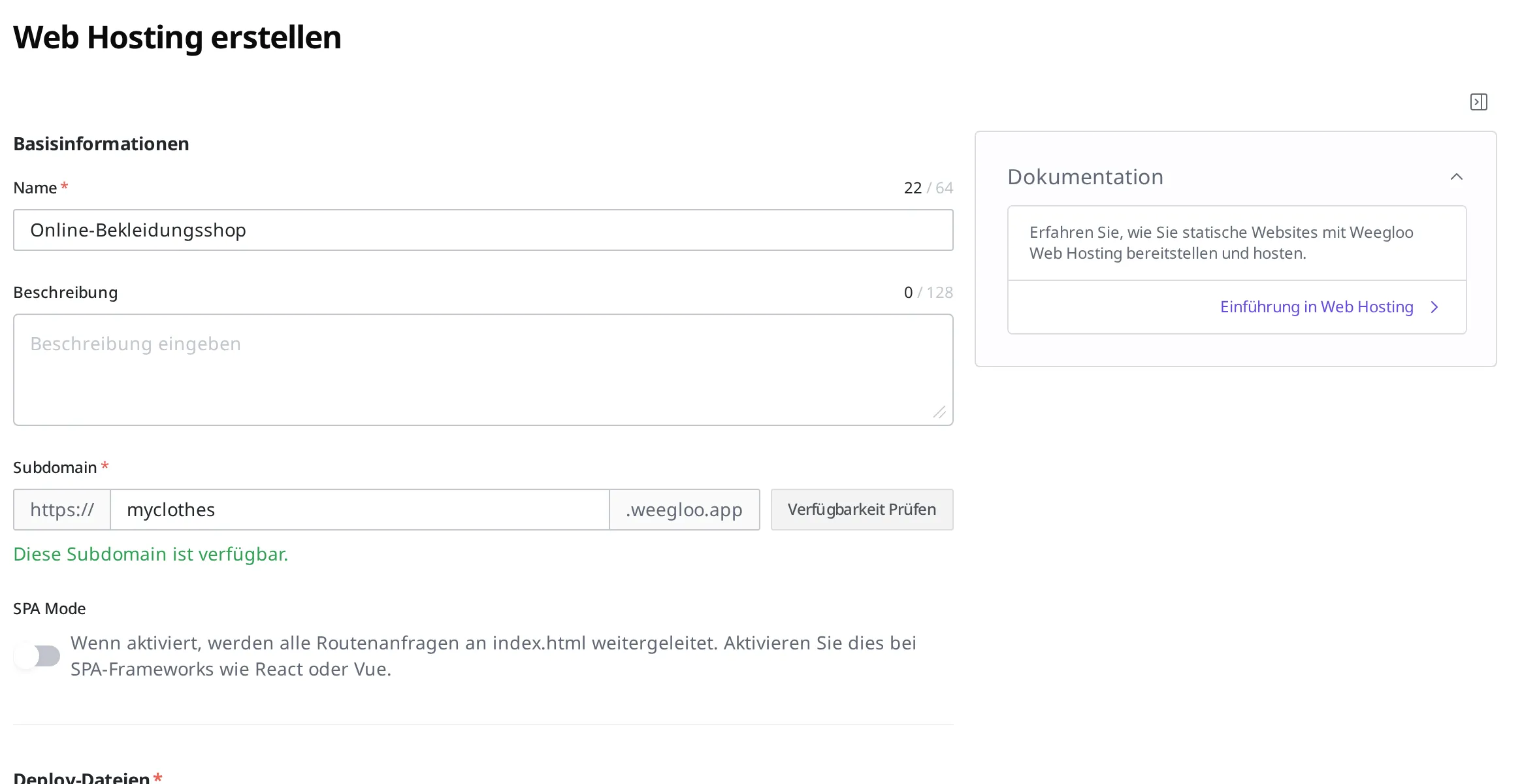 Bildschirm zum Erstellen von Web Hosting. Name "Online-Bekleidungsshop", Subdomain "myclothes" (verfügbar), mit hochgeladenem Bereitstellungspaket