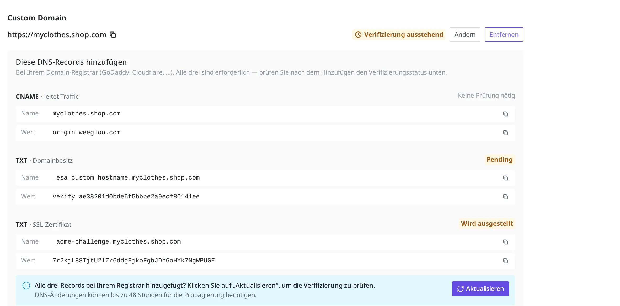 Bildschirm, in dem die eigene Domain myclothes.shop.com mit der bereitgestellten Website verbunden ist. Zu sehen sind die drei hinzuzufügenden DNS-Einträge (CNAME leitet Traffic, TXT Domainbesitz, TXT SSL-Zertifikat), der Status "Verifizierung ausstehend" und die Schaltfläche Aktualisieren