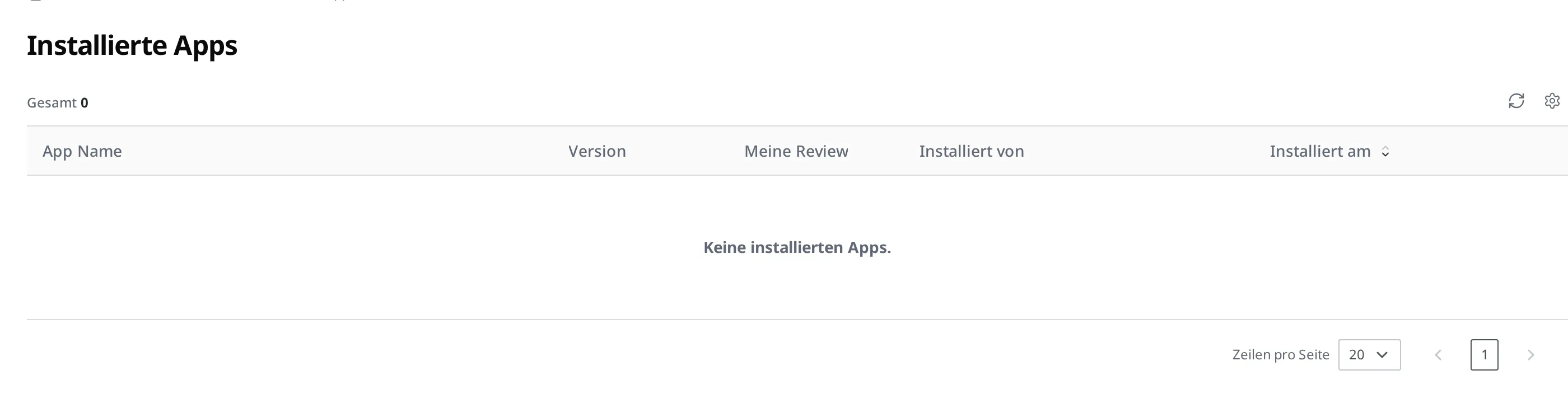 Bildschirm der installierten Apps. Zu sehen ist eine Liste mit den Spalten App Name, Version, Meine Review, Installiert von und Installiert am (solange noch keine App installiert ist, erscheint sie als leere Liste, in der nur die Spaltenüberschriften vorhanden sind)