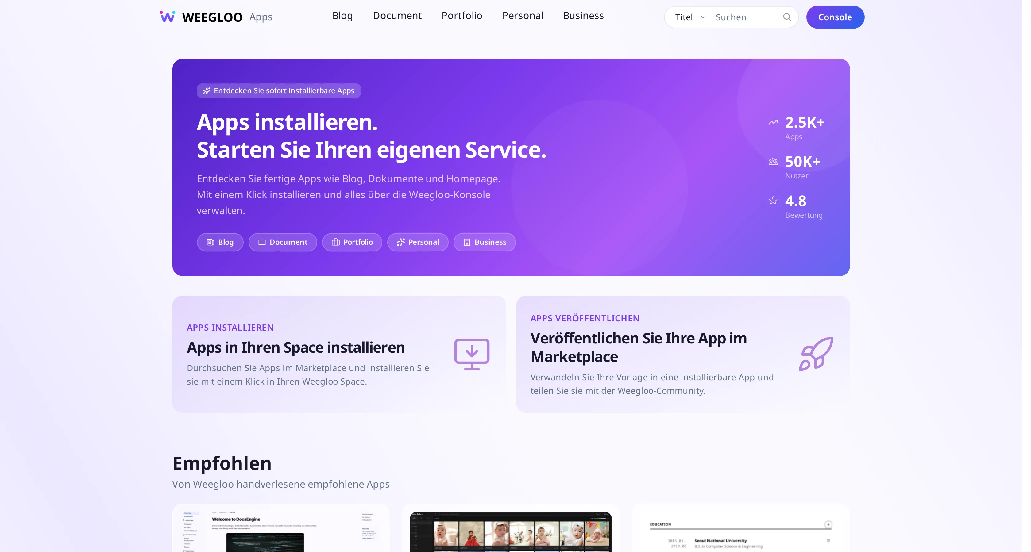 Startseite des externen Marktplatzes (market.weegloo.com). Oben sind die Arten Blog, Document, Portfolio, Personal und Business sowie eine Suche zu sehen, in der Mitte die Hinweise "Apps in Ihren Space installieren" und "App auf dem Marktplatz veröffentlichen"