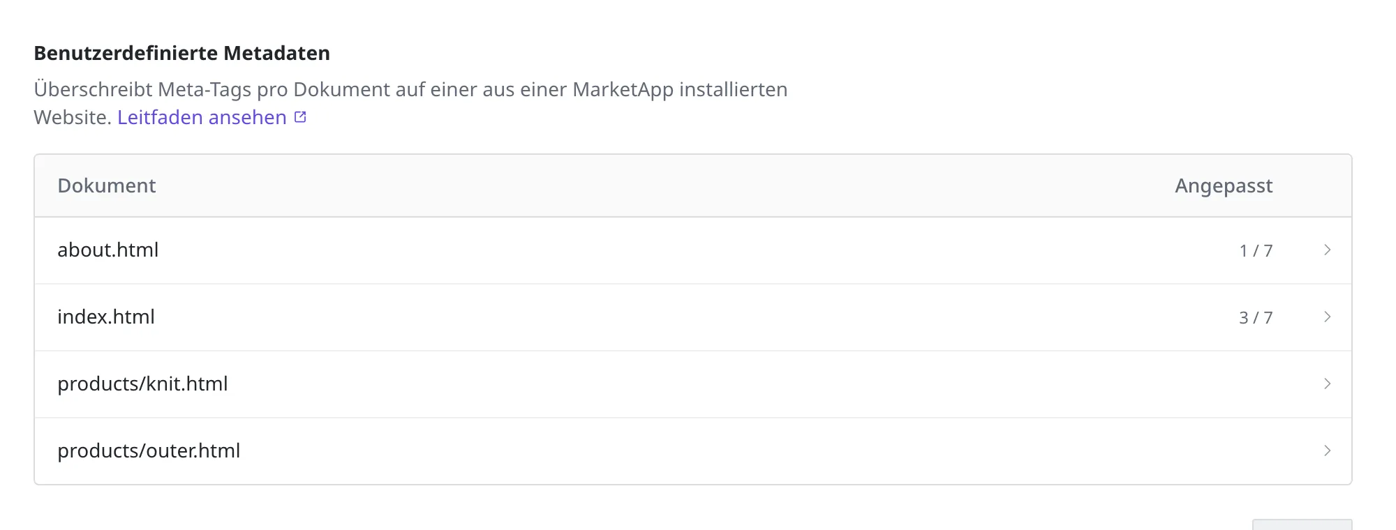 Die Tabelle der benutzerdefinierten Metadaten. Bei about.html und index.html stehen unter „Gesetzte Felder" 1/7 und 3/7, die beiden Dokumente unter products sind leer
