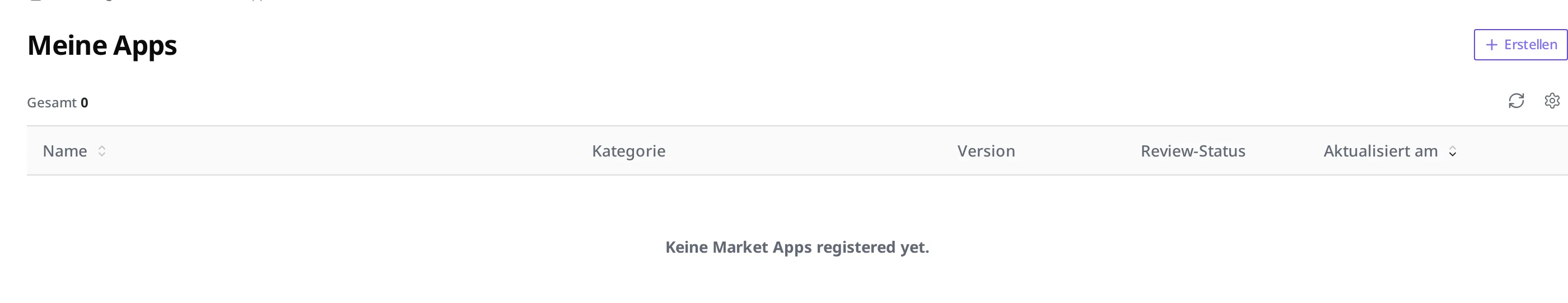 Der Listenbildschirm Meine Apps. Die Spalten Name ,  Kategorie ,  Version ,  Review-Status ,  Aktualisiert am sind zu sehen (beim Hochladen einer App reiht sich diese Liste Zeile für Zeile auf)