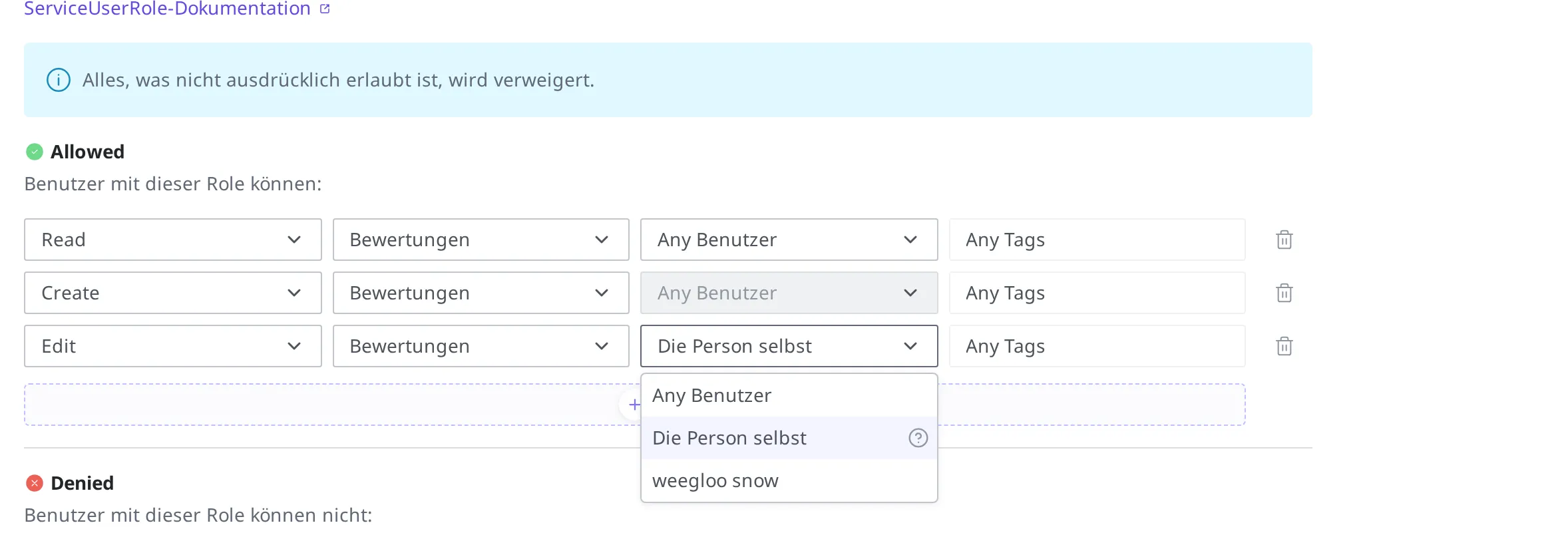 Geöffnete Auswahlliste für den Ersteller in der Edit-Regel. Neben Any Benutzer und Die Person selbst steht auch der Name eines auswählbaren Benutzers in der Liste