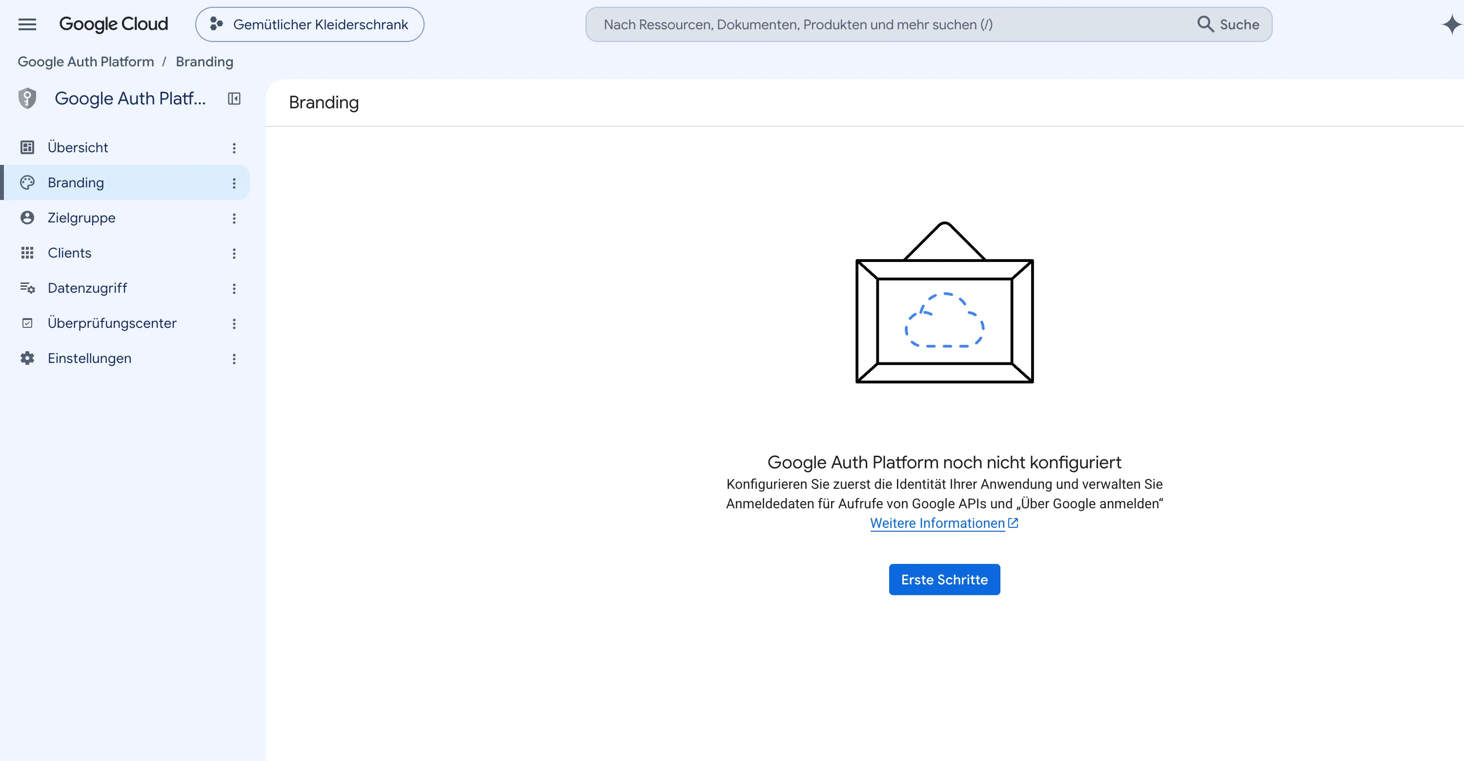 Der Bildschirm Branding der Google Auth Platform. Der Hinweis „Google Auth Platform noch nicht konfiguriert“ und die Schaltfläche Erste Schritte sind zu sehen