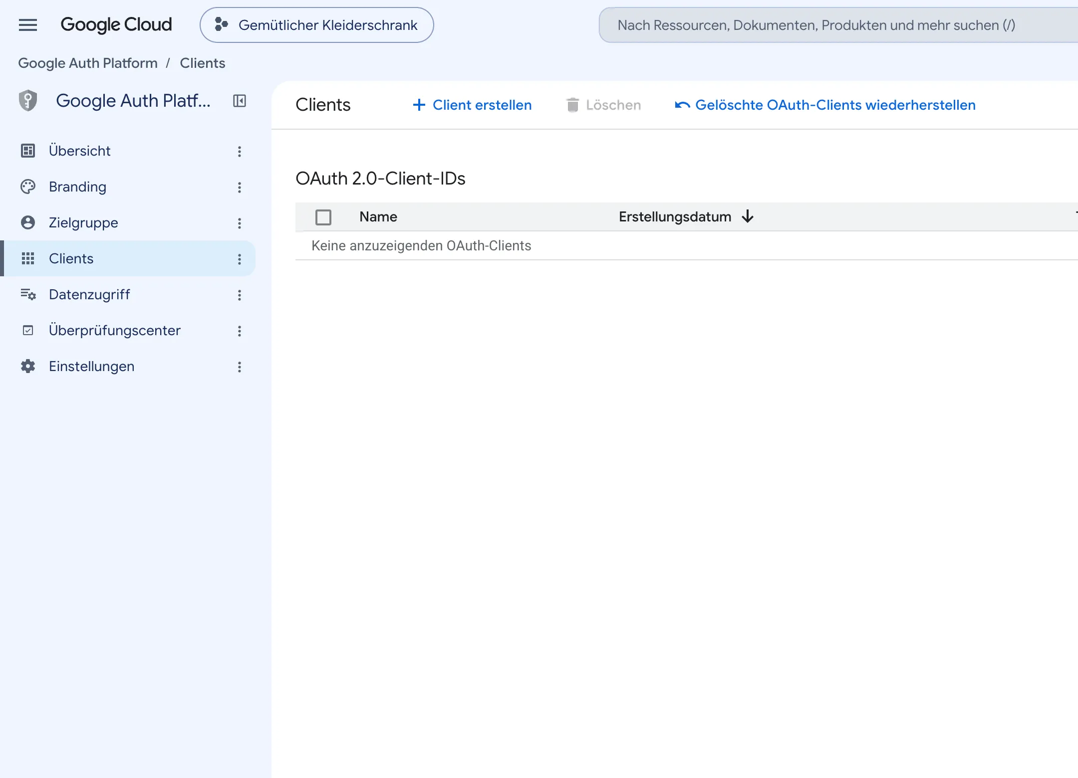Der Bildschirm Clients. Die Liste der OAuth 2.0-Client-IDs ist leer, darüber steht Client erstellen