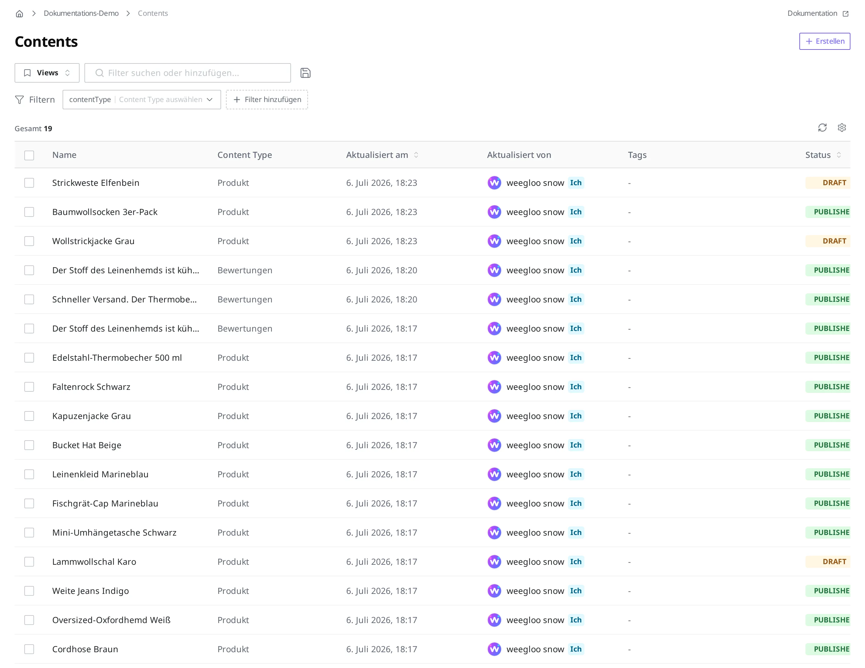 Gesamter Bildschirm der Content-Liste. Oben links die Views-Schaltfläche und das Suchfeld, darunter der Filterbereich, in der Mitte die Listentabelle, unten die Seitennavigation