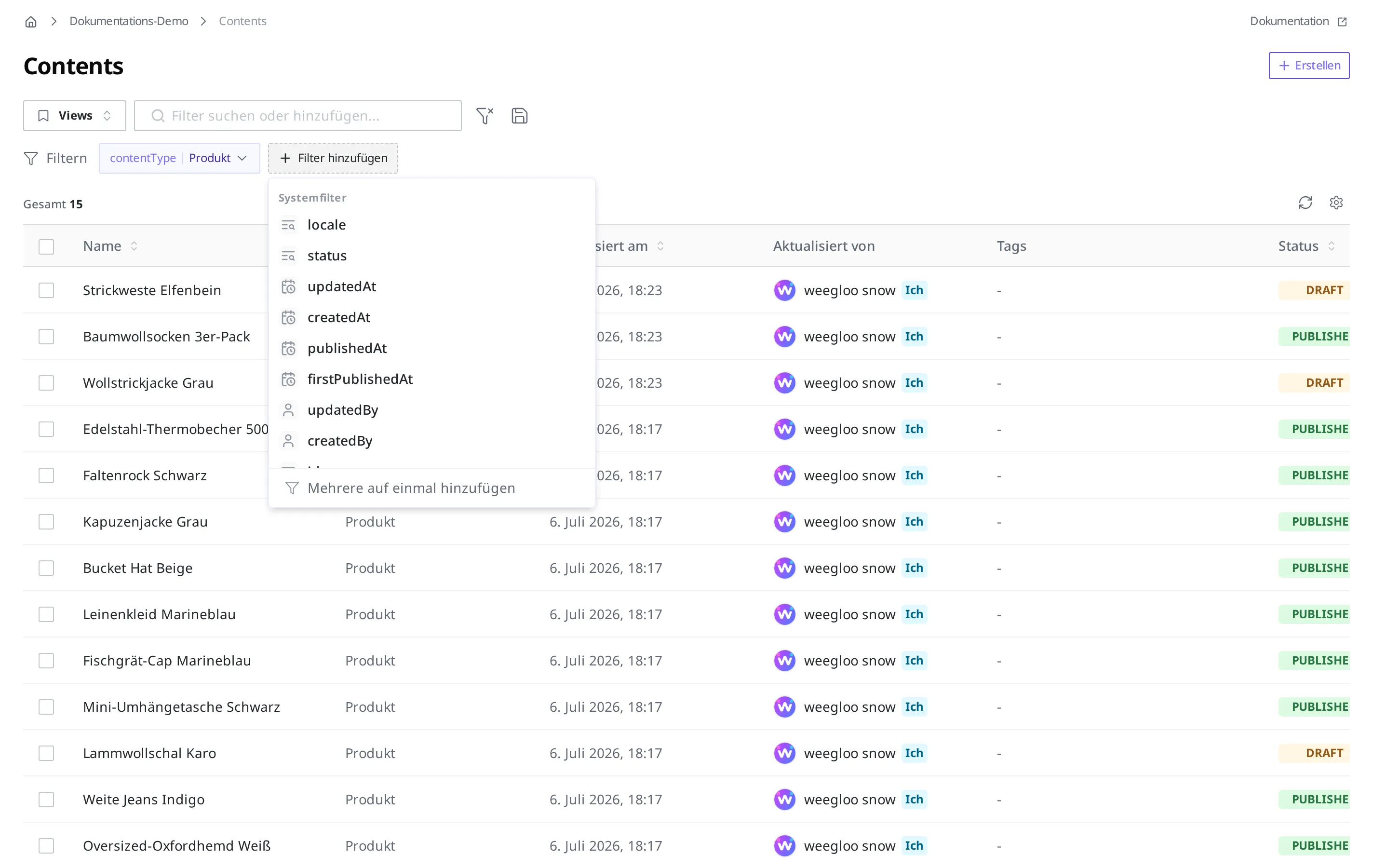 Die Liste Systemfilter, die sich nach Klick auf die Schaltfläche Filter hinzufügen öffnet. Zu sehen sind u. a. locale, status, updatedAt