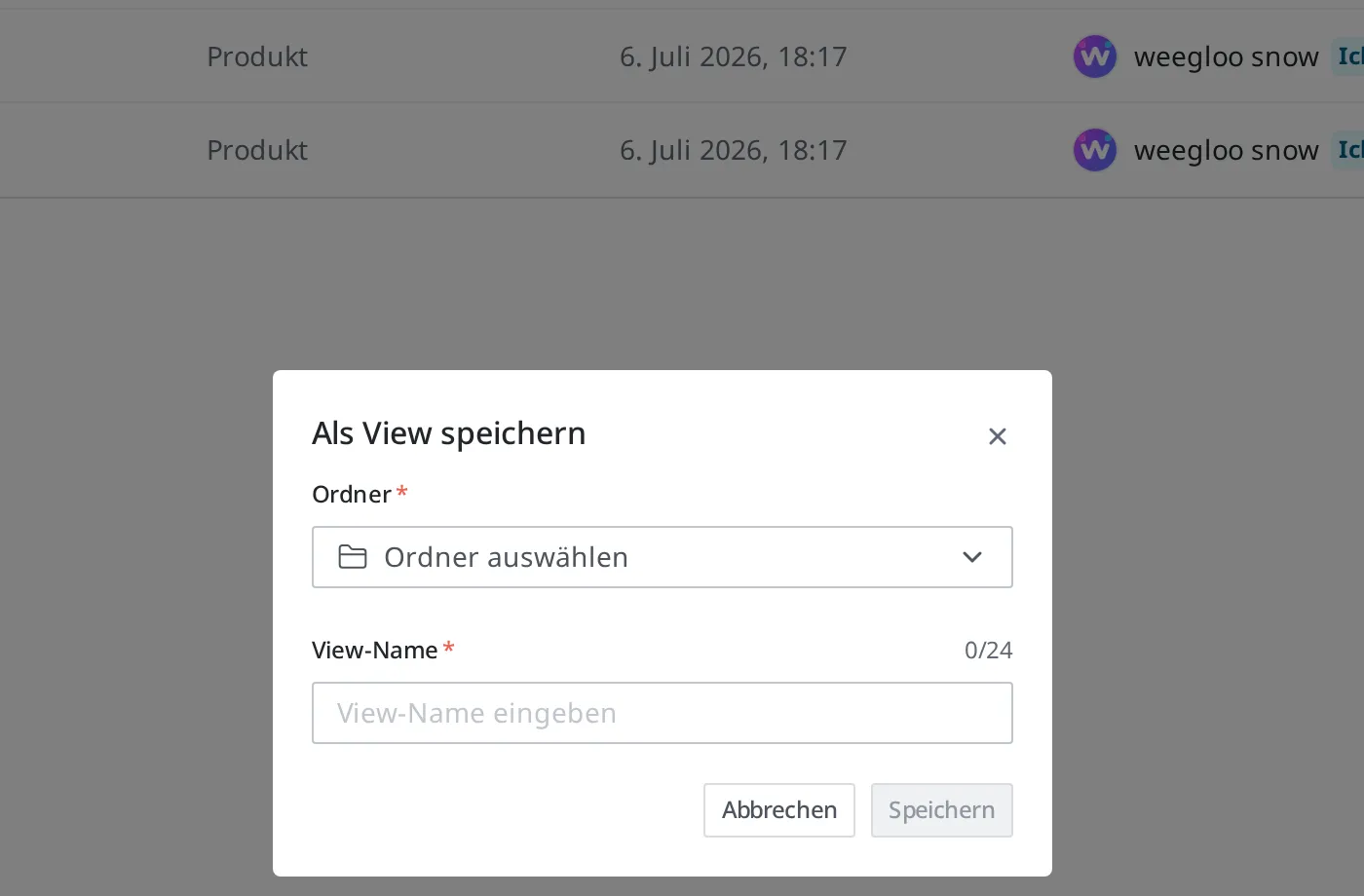 Der Dialog Als View speichern. Zu sehen sind die Auswahl Ordner, das Eingabefeld View-Name sowie die Schaltflächen Abbrechen und Speichern
