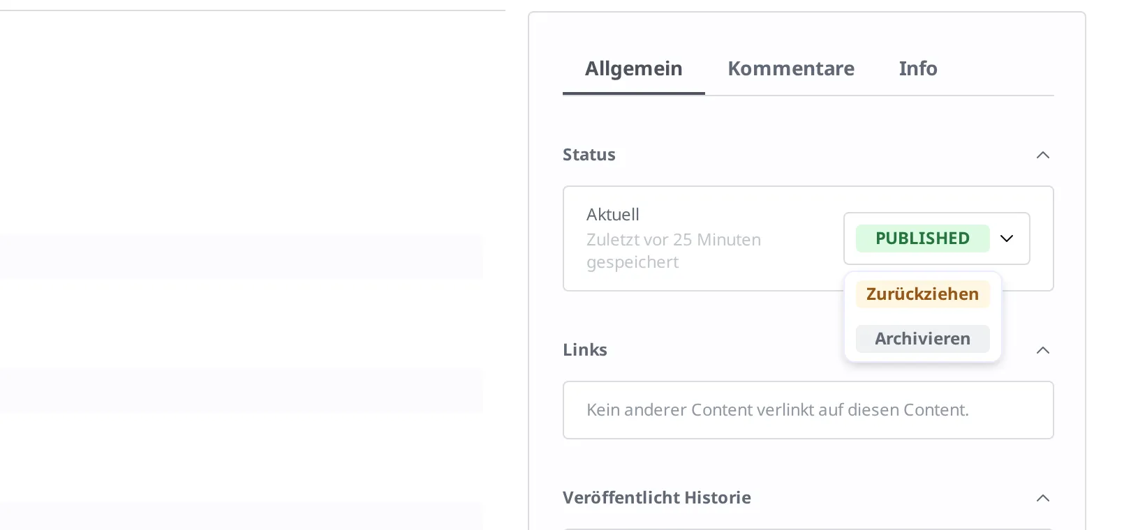 Dropdown, das sich beim Klick auf das Status-Badge Published aufklappt. Die zwei Einträge Zurückziehen und Archivieren sind zu sehen