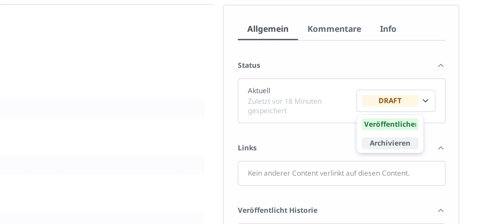 Dropdown, das sich beim Klick auf das Status-Badge Draft aufklappt. Die zwei Einträge Veröffentlichen und Archivieren sind zu sehen