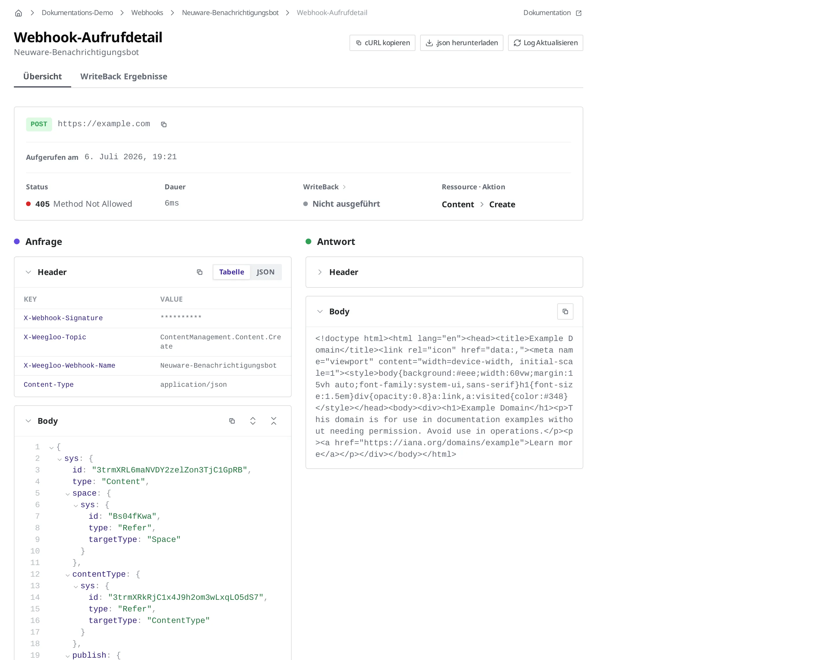 Webhook-Aufrufdetail. Die Übersicht eines fehlgeschlagenen Aufrufs sowie Anfrage und Antwort sind zusammen zu sehen, und der Geheimwert in den gesendeten Headern ist mit Sternchen verdeckt