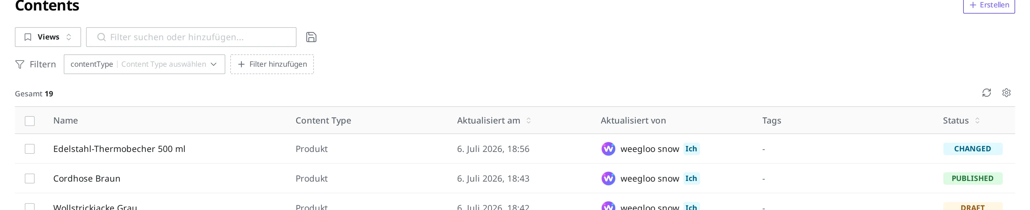 Spalten Aktualisiert von und Aktualisiert am in der Content-Liste. In jeder Produktzeile sind die Person, die zuletzt geändert hat, und der Zeitpunkt zu sehen