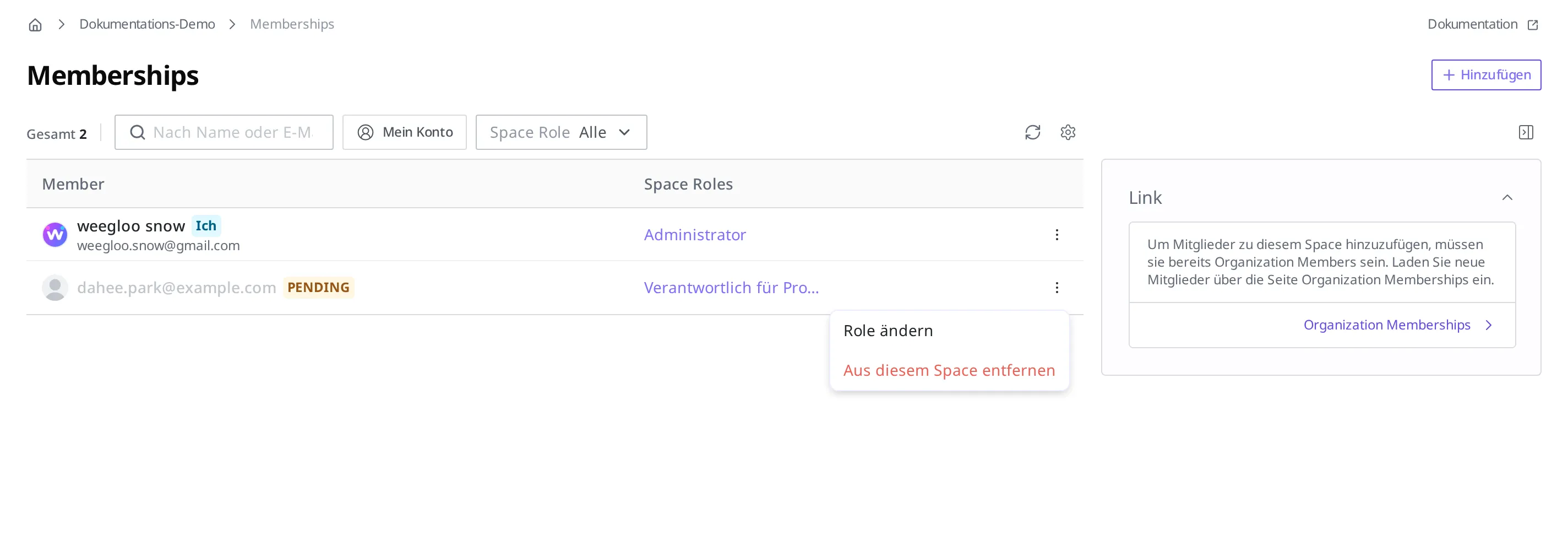 Der Memberships-Bildschirm mit geöffnetem Mehr-Menü in der Zeile eines Mitglieds. Die Einträge Role ändern und Aus diesem Space entfernen sind zu sehen