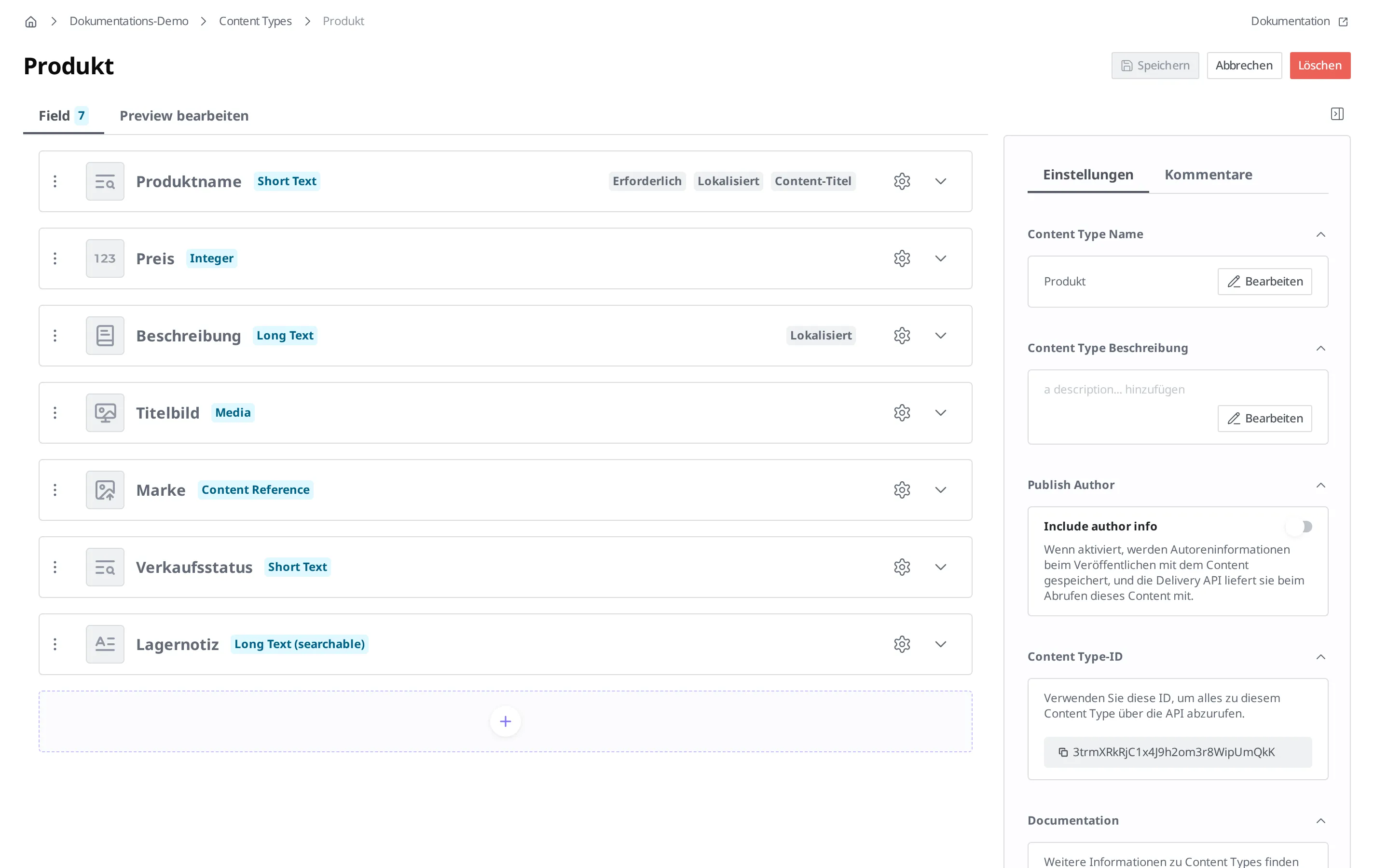 Bearbeitungsbildschirm des Content Type „Produkt". Zu sehen sind 7 Fields (Produktname, Preis, Beschreibung, Titelbild, Marke, Verkaufsstatus und Lagernotiz), und ganz unten befindet sich ein „+"-Platz, um ein neues Field hinzuzufügen