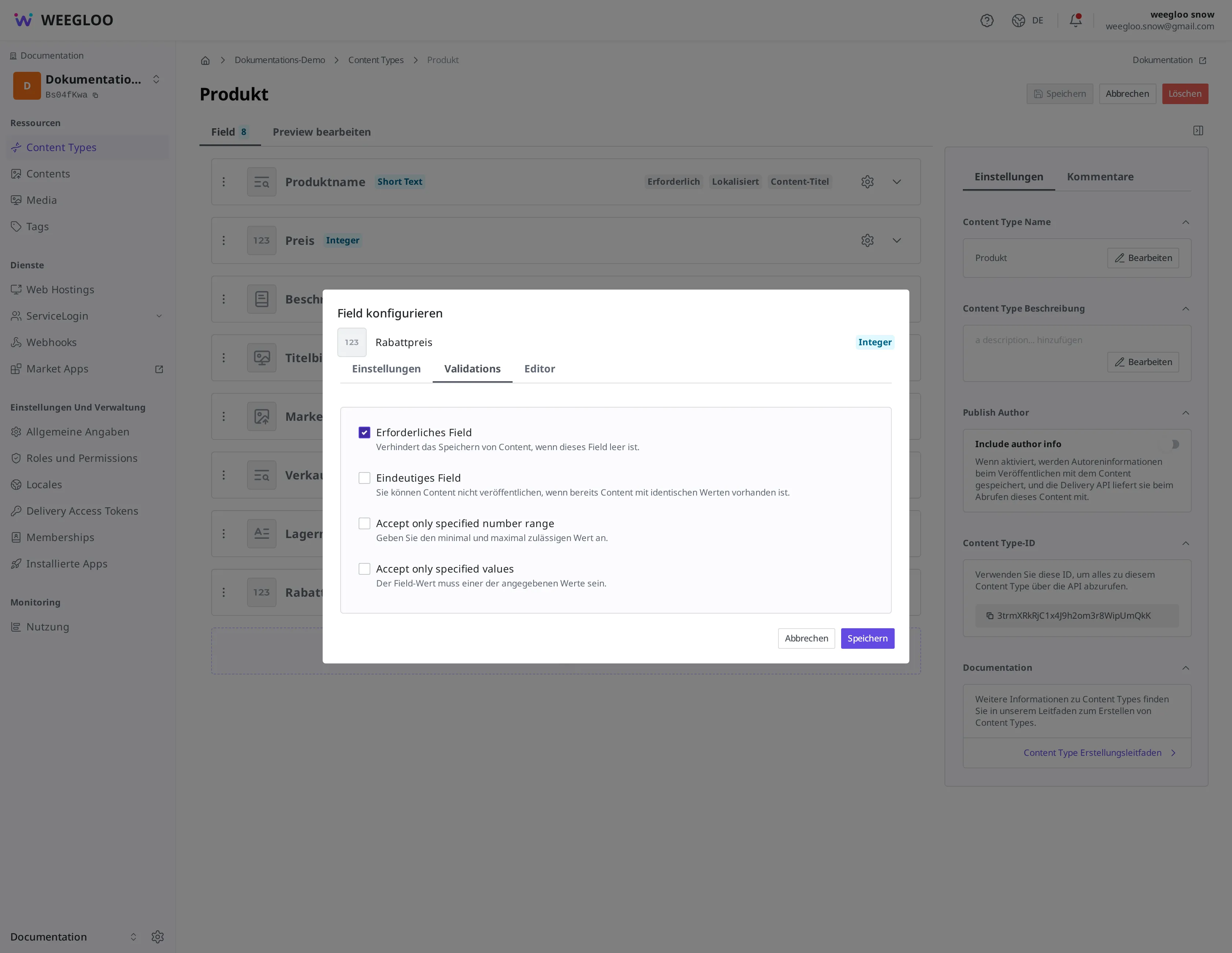 Registerkarte Validations im Dialog Field konfigurieren für das Field Rabattpreis. Das Kontrollkästchen Erforderliches Field ist aktiviert, und daneben sind die Optionen Eindeutiges Field, Accept only specified number range und Accept only specified values zu sehen