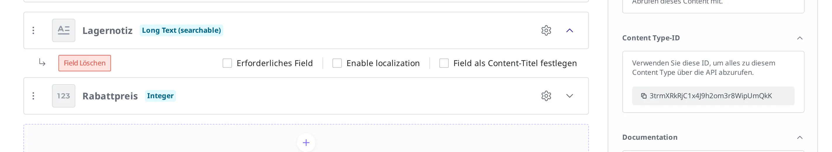 Aufgeklappte Zeile des Fields Lagernotiz. Links sind die rote Schaltfläche Field löschen und daneben die Kontrollkästchen Erforderliches Field, Enable localization und Field als Content-Titel festlegen zu sehen