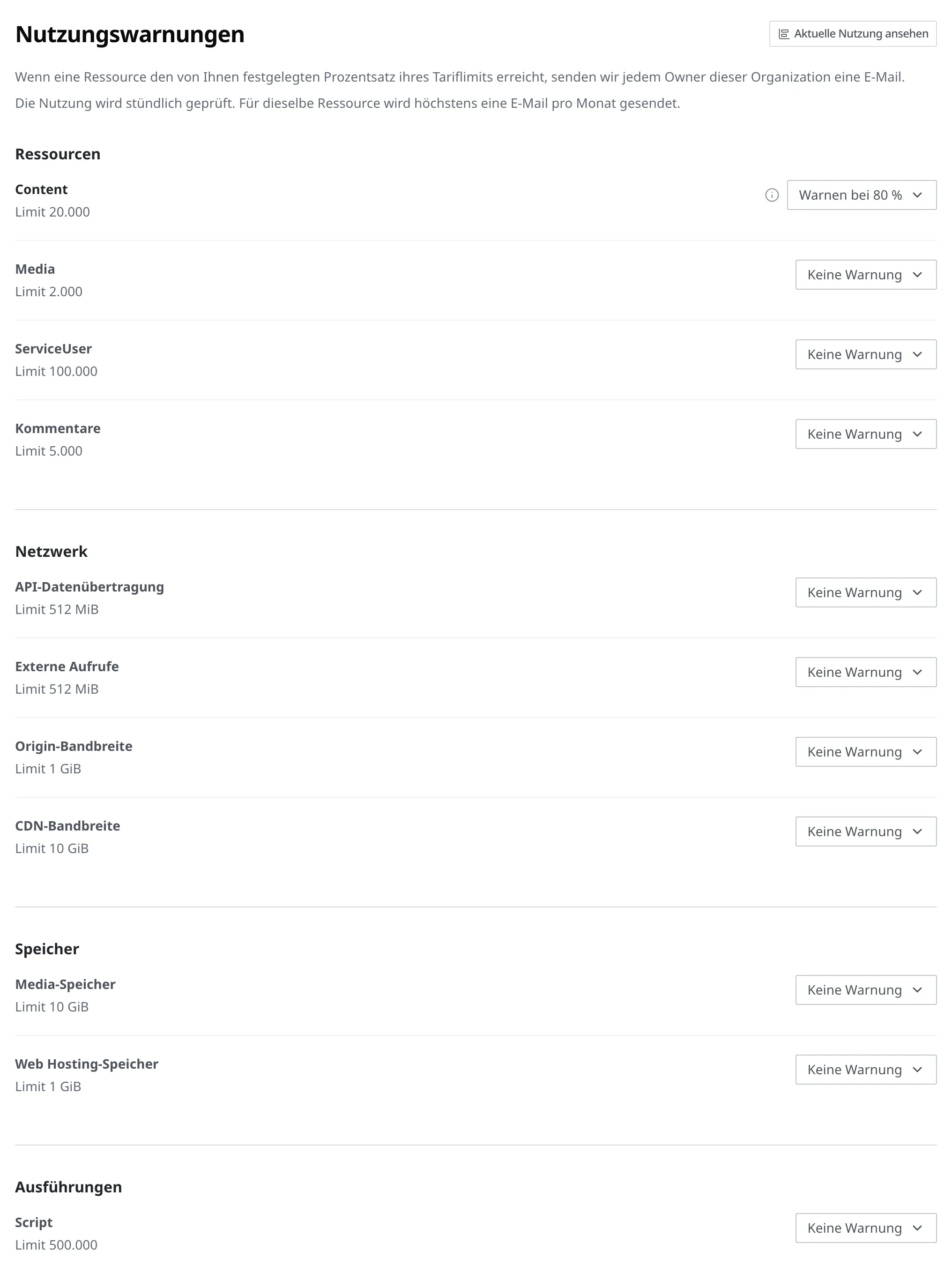 Der Bildschirm Nutzungswarnungen einer Organization. Zu sehen sind die vier Gruppen Ressourcen, Netzwerk, Speicher und Ausführungen, das Limit je Posten und rechts das Auswahlfeld für den Prozentsatz; Content ist auf Warnen bei 80 % gesetzt