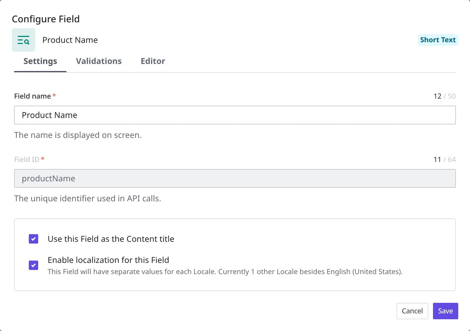 The Settings tab of Configure Field. Use this Field as the Content title is turned on