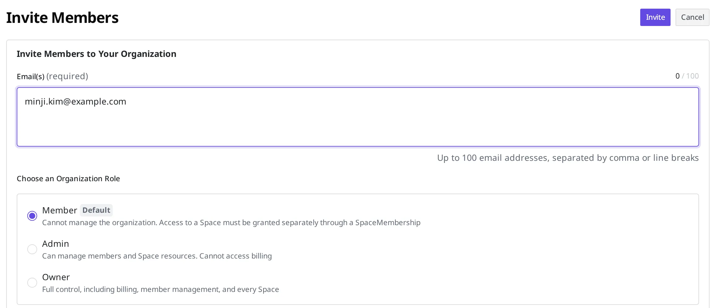 The Member invitation screen for an Organization, with minji.kim@example.com entered in the email field and Member chosen as the Organization Role