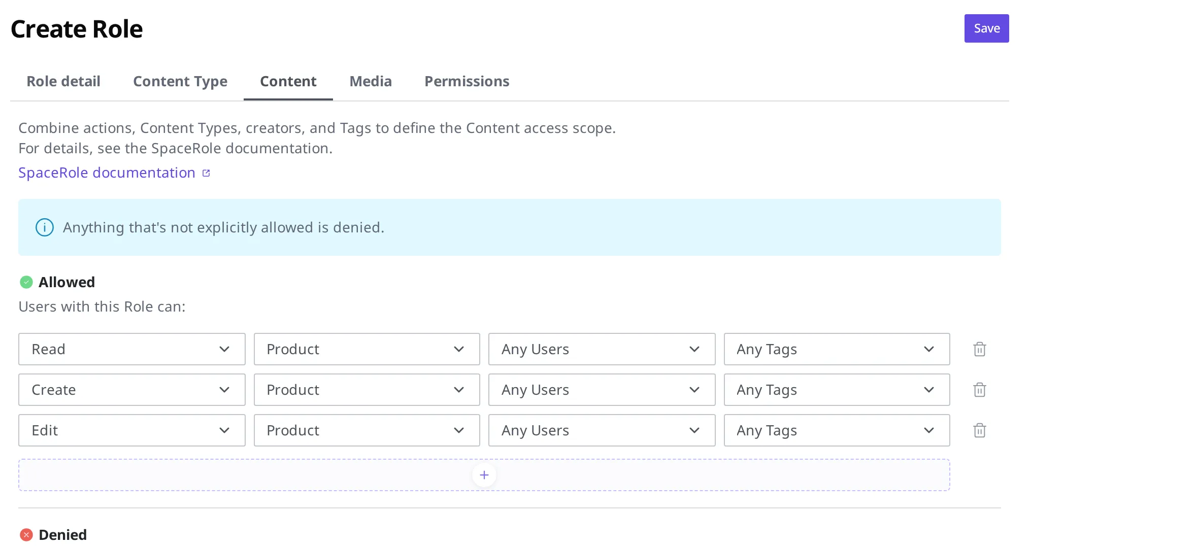 The Content permission tab with three rules, Read, Create, and Edit, allowed and limited to "Products"