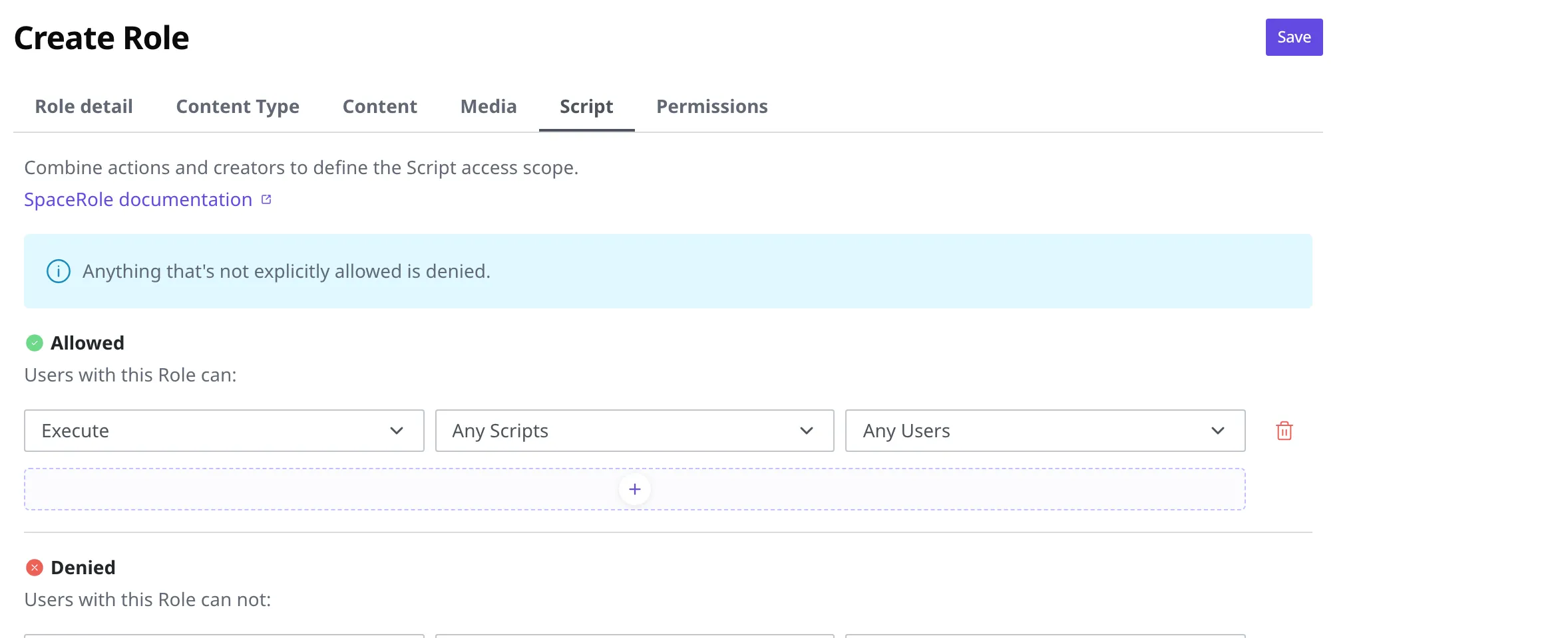 The Script permission tab in the Role editor, with one rule in the Allowed list: action Execute, scope Any Scripts, creators Any Users