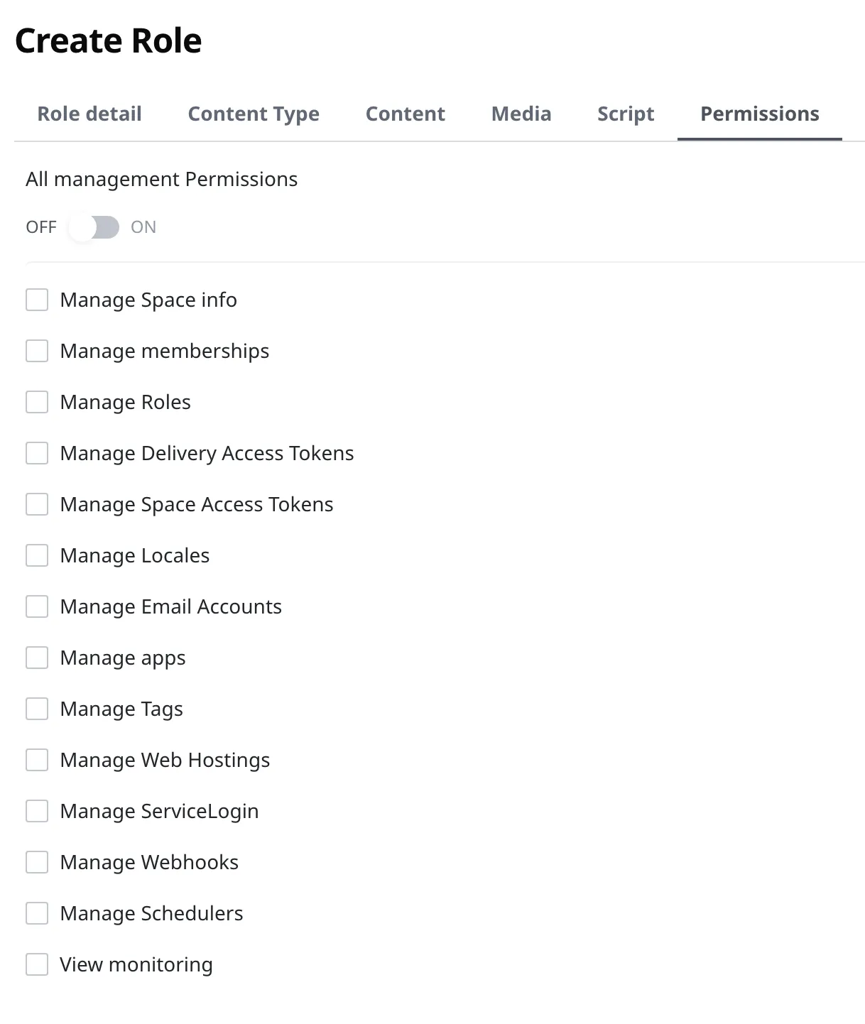 The Permissions tab on the Create Role screen. The All management Permissions toggle at the top is off, and all 14 entries below it are off