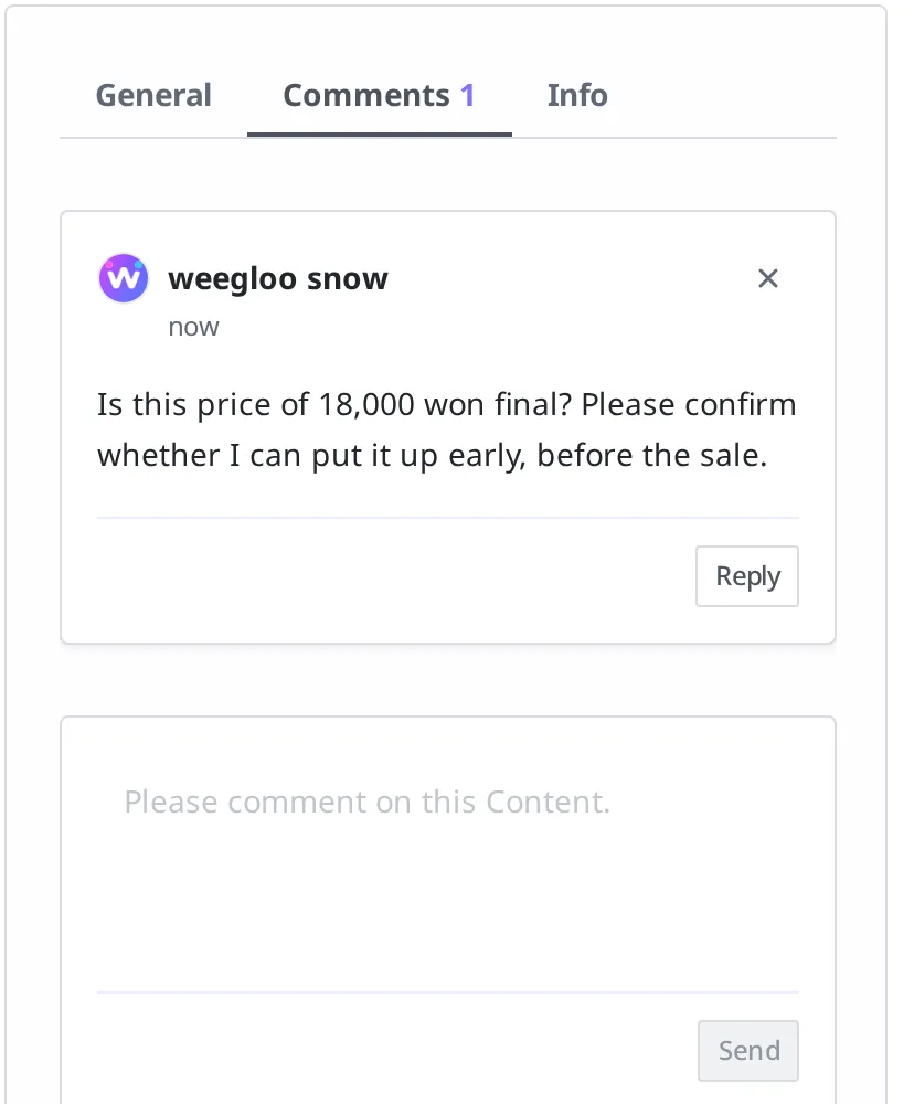 The comment tab on the tumbler Content screen. The comment "Is this price of 18,000 won final?" is attached, shown together with its author and time of writing