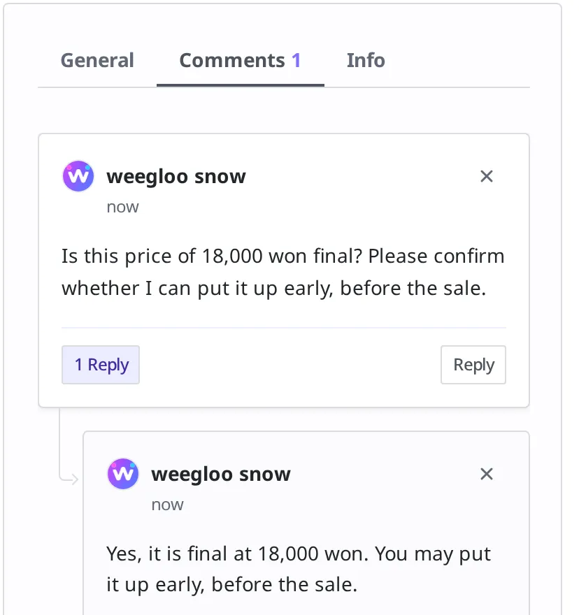 Under the comment "Is this price of 18,000 won final?", a "1 Reply" button and the reply "Yes, it is final at 18,000 won. You may put it up early, before the sale." are shown grouped together with a connecting line and indentation