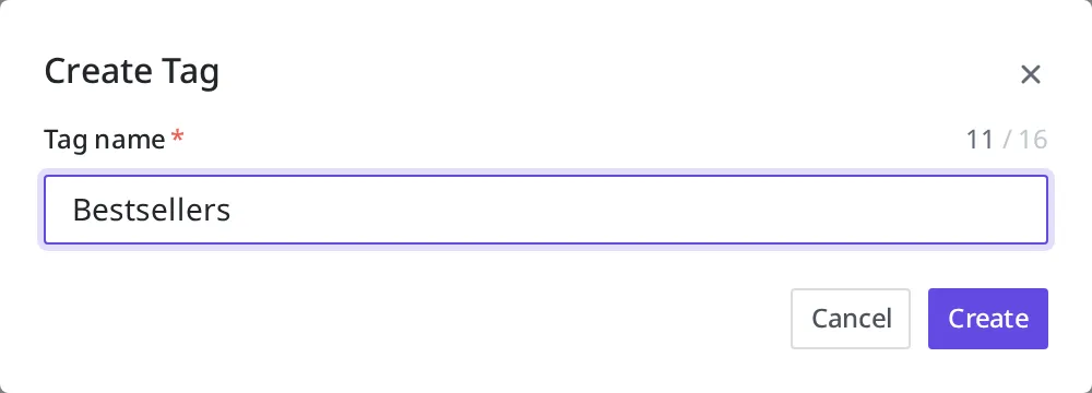 The Create Tag modal with the name "Bestsellers" entered