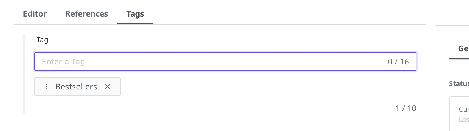 The tumbler Content editing screen, with "Bestsellers" attached on the Tags tab