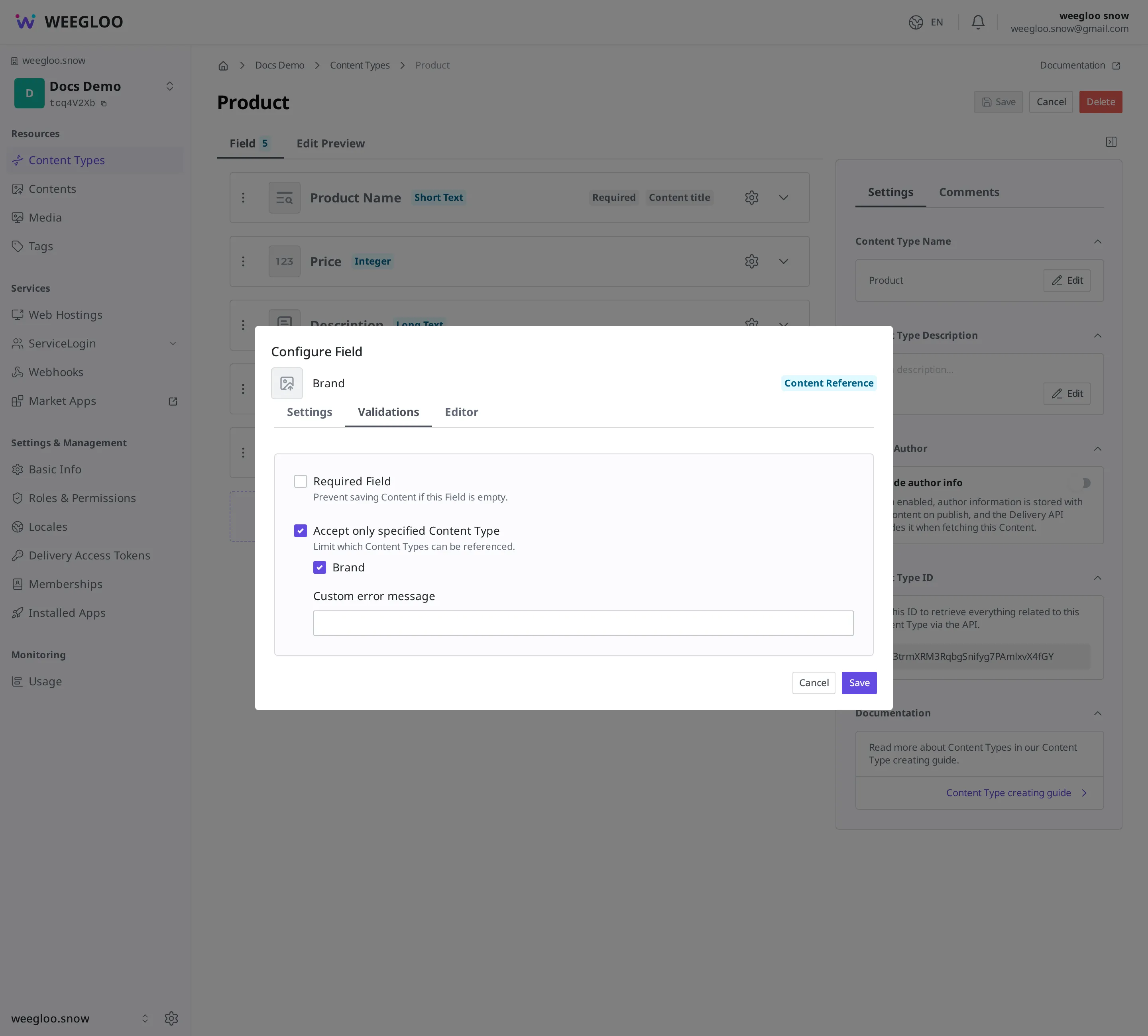 Detailed settings screen for a product's brand box (Content Reference Field). Under validation, the reference Content Type option is turned on and "Brand" is selected