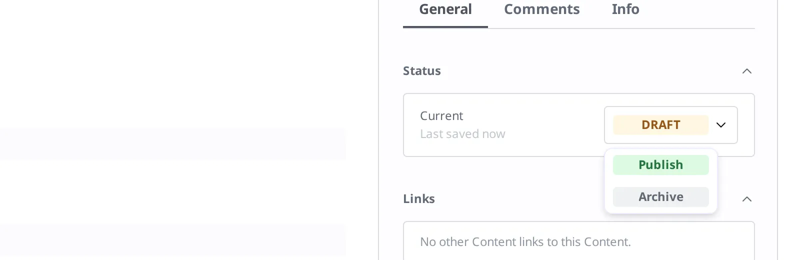 The state box of the tumbler Content. It is currently Draft, and the dropdown is open showing the Publish and Archive menu items