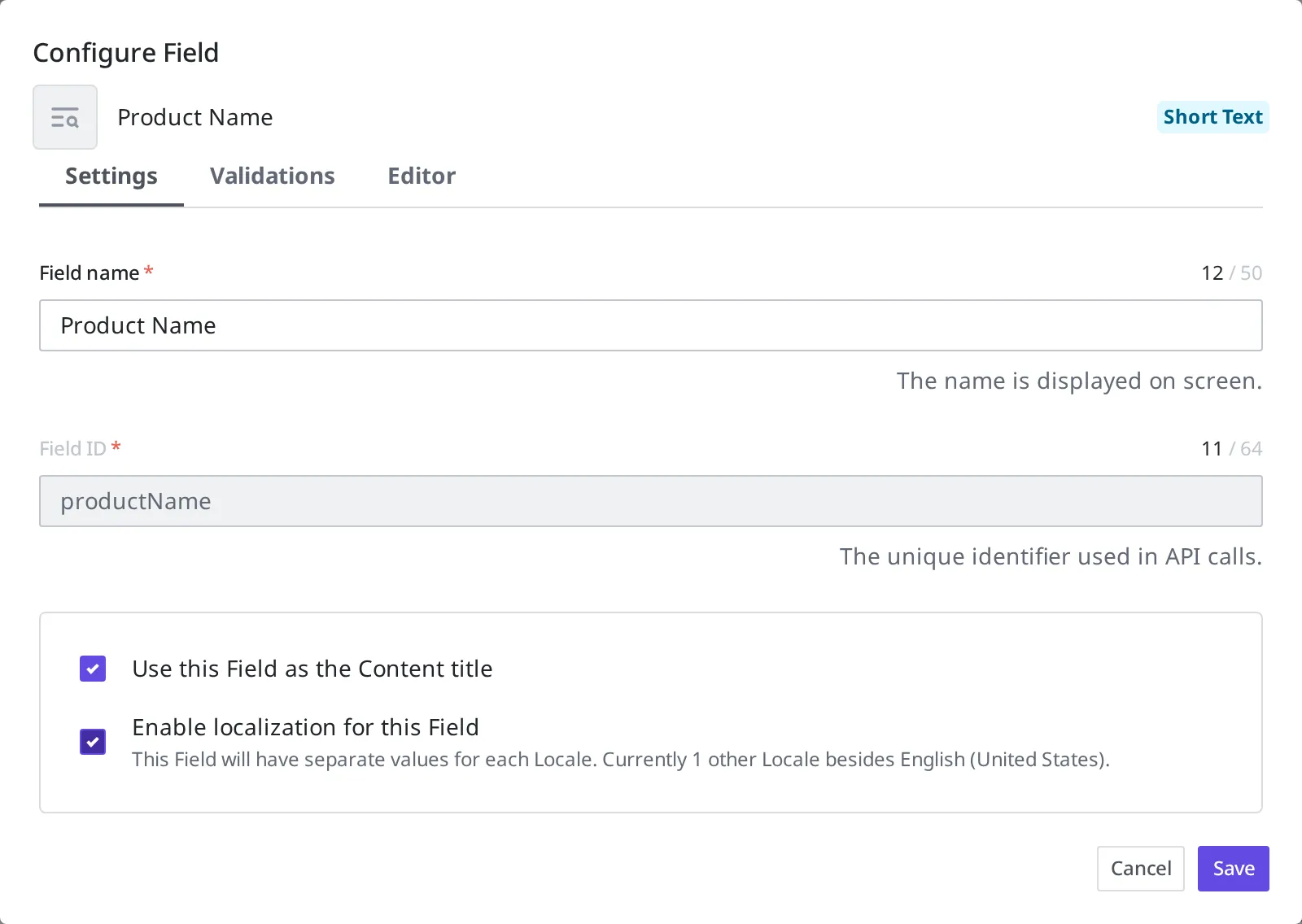 The screen showing the product name Field set to accept input in multiple languages