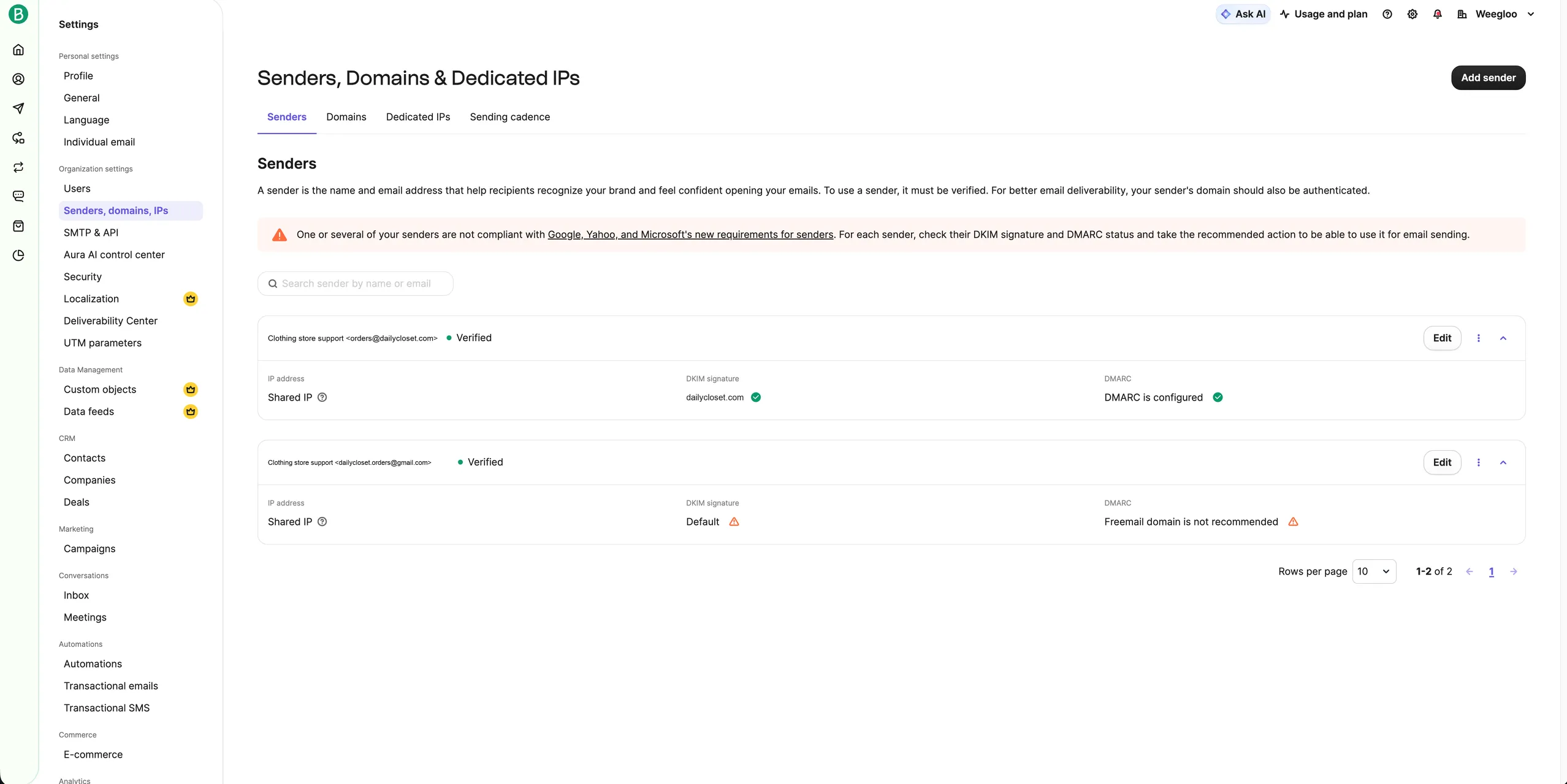 The list in the Senders tab. Senders whose domain is authenticated have green marks next to DKIM signature and DMARC, while senders using a free mail address carry a warning that it is not recommended