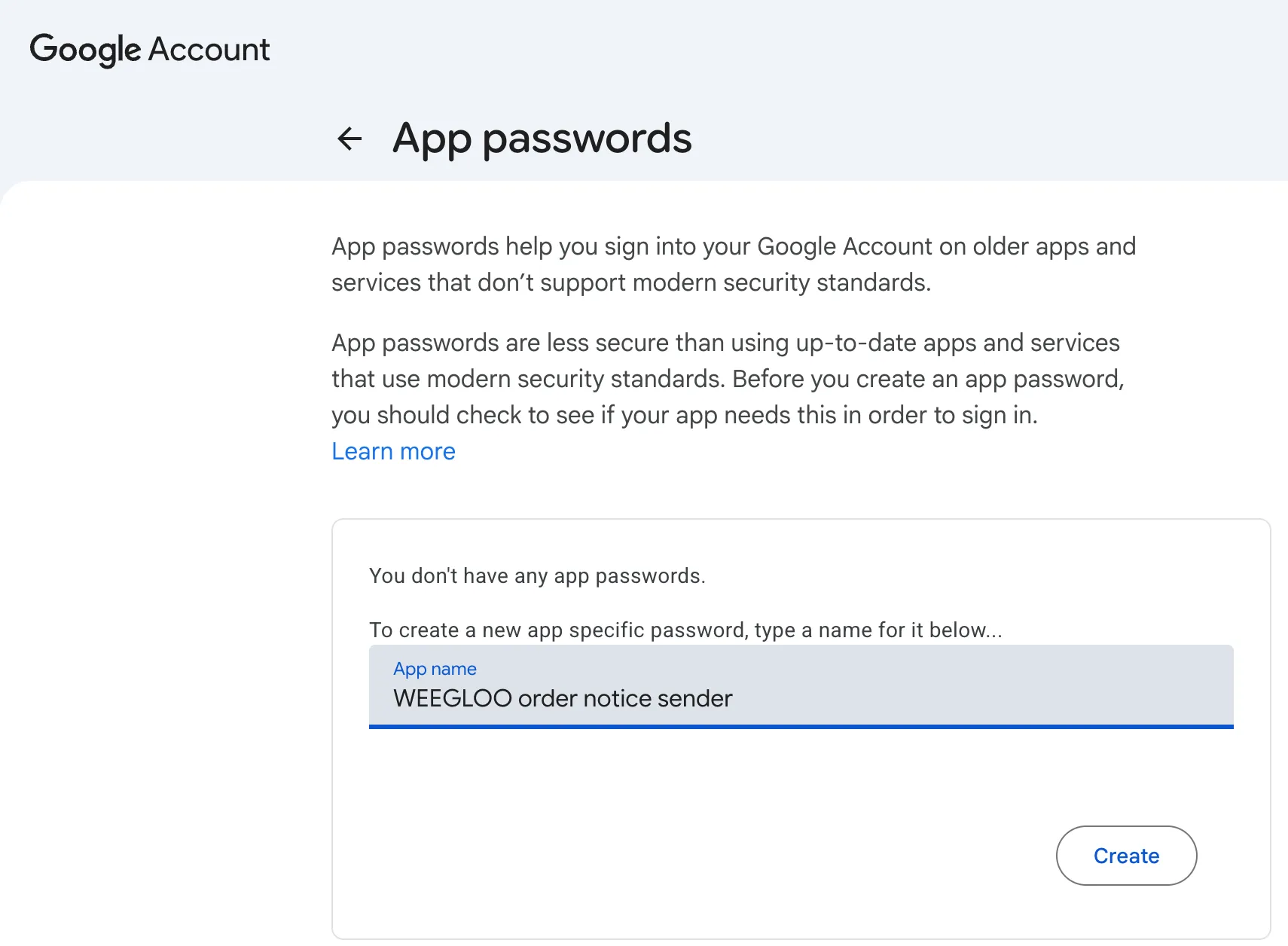 The App name field with WEEGLOO order notice sender entered. The Create button right below it is enabled