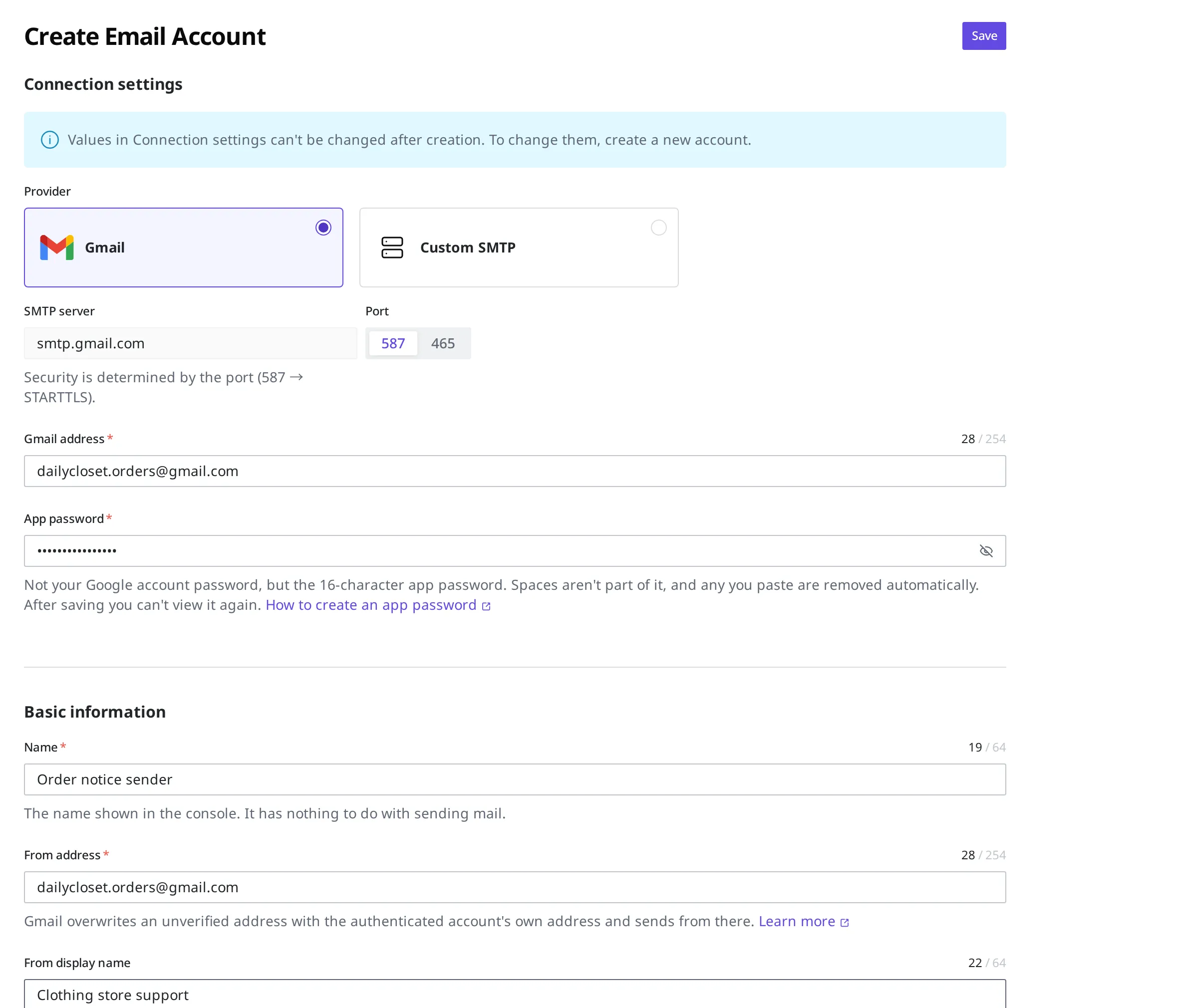 The Email Account create screen. Gmail is chosen as the Provider so the SMTP server and port are filled in automatically, and the Gmail address, app password, name, from address, and sender display name are filled in