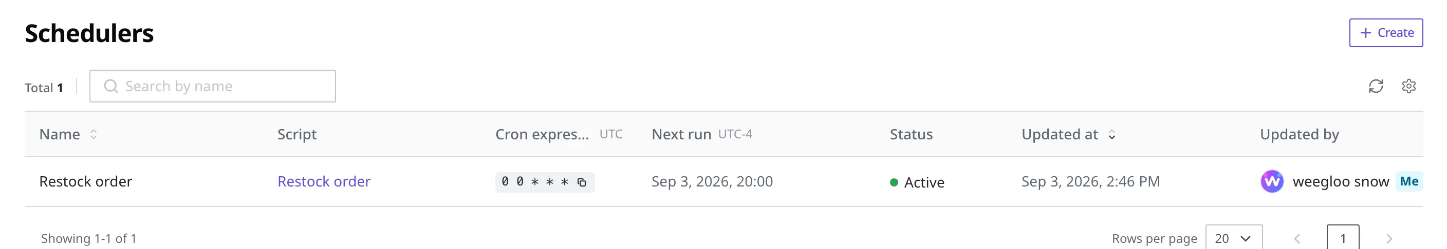 Scheduler list screen. "Restock order" appears as a single row with its name, Script, cron expression, next run, and status Active. The cron column header carries UTC, and the next run column header carries the viewer's time zone