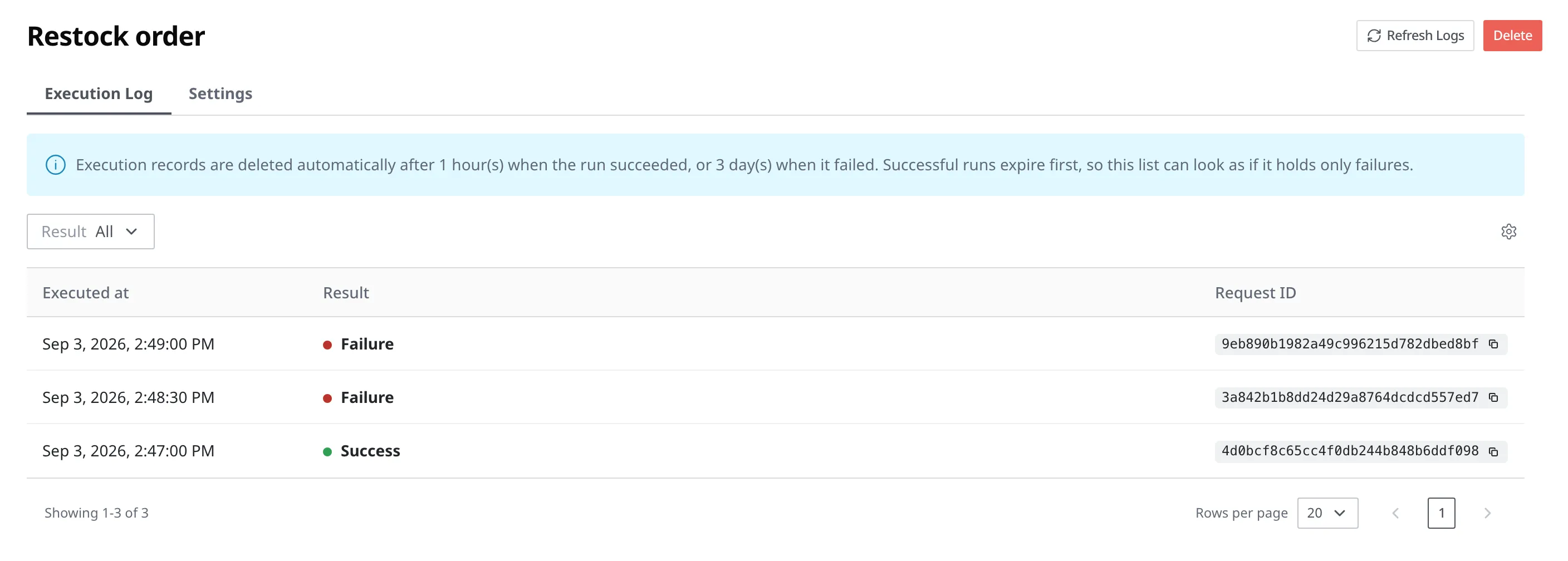 The Execution Log tab of the Scheduler detail screen. Three runs of "Restock order" (2 failures, 1 success) are shown in the Executed at, Result, and Request ID columns