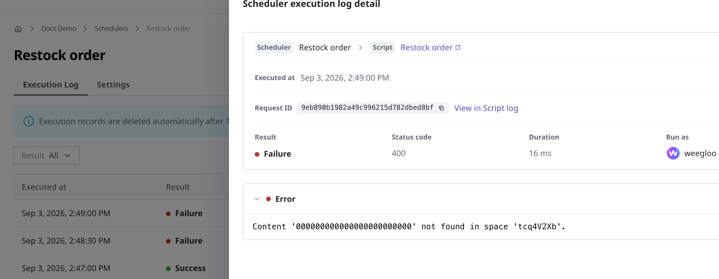 Scheduler execution log detail screen (a failed run). Along with the executed-at time and the request ID, it shows the result Failure, the status code, the duration, and Run as, and the reason for the failure appears in the error area